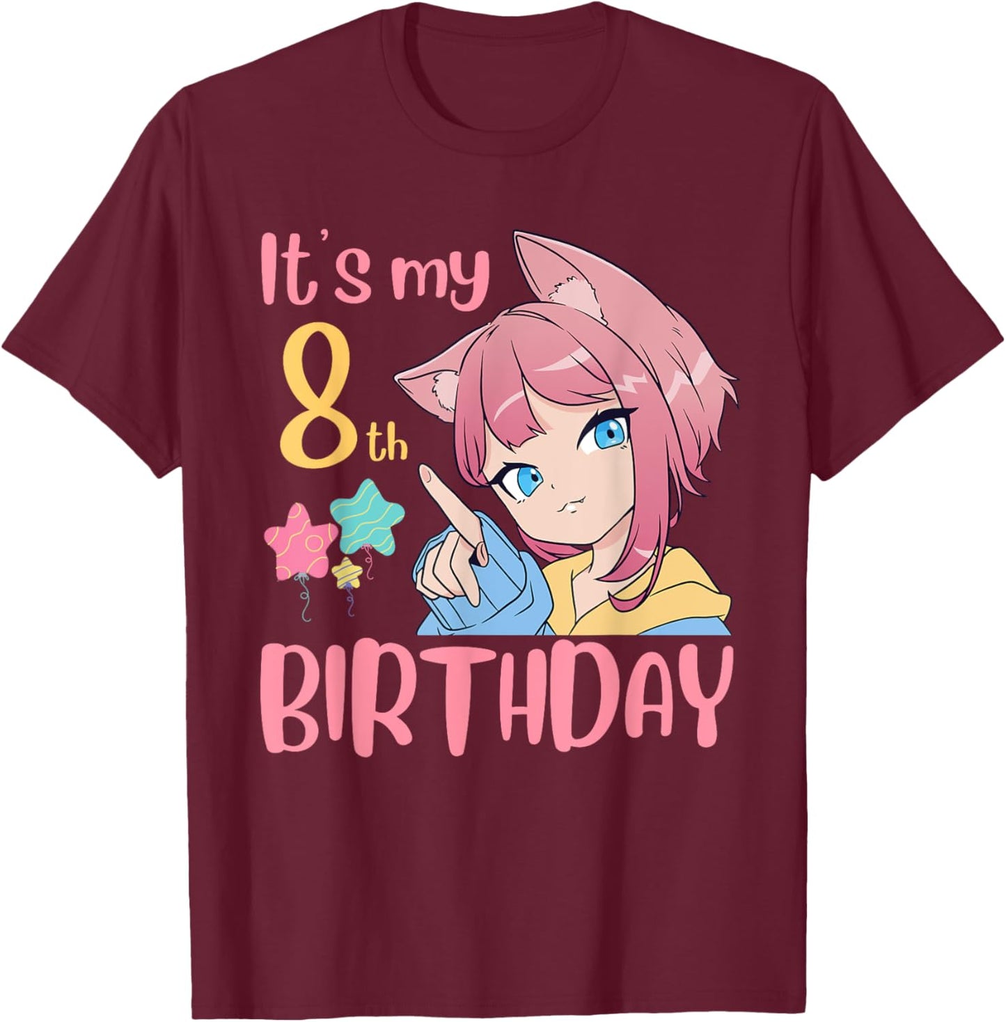 It's My 8th Birthday Anime Birthday Girl 8 Years Old Bday T-Shirt - T-Shirt | Maroon