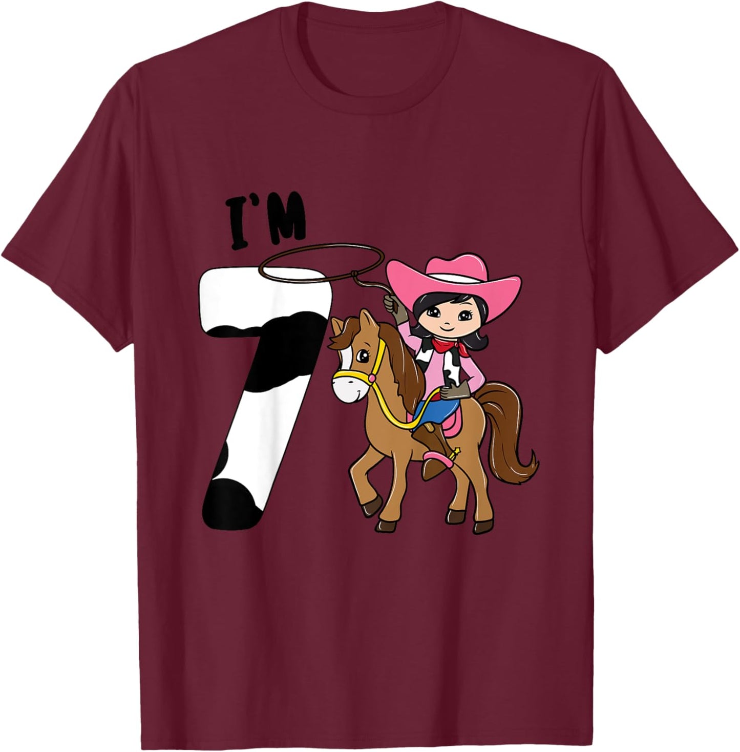 I'm 7 - Cute Horse Riding Cowgirl 7th Birthday Girls T-Shirt - T-Shirt | Maroon