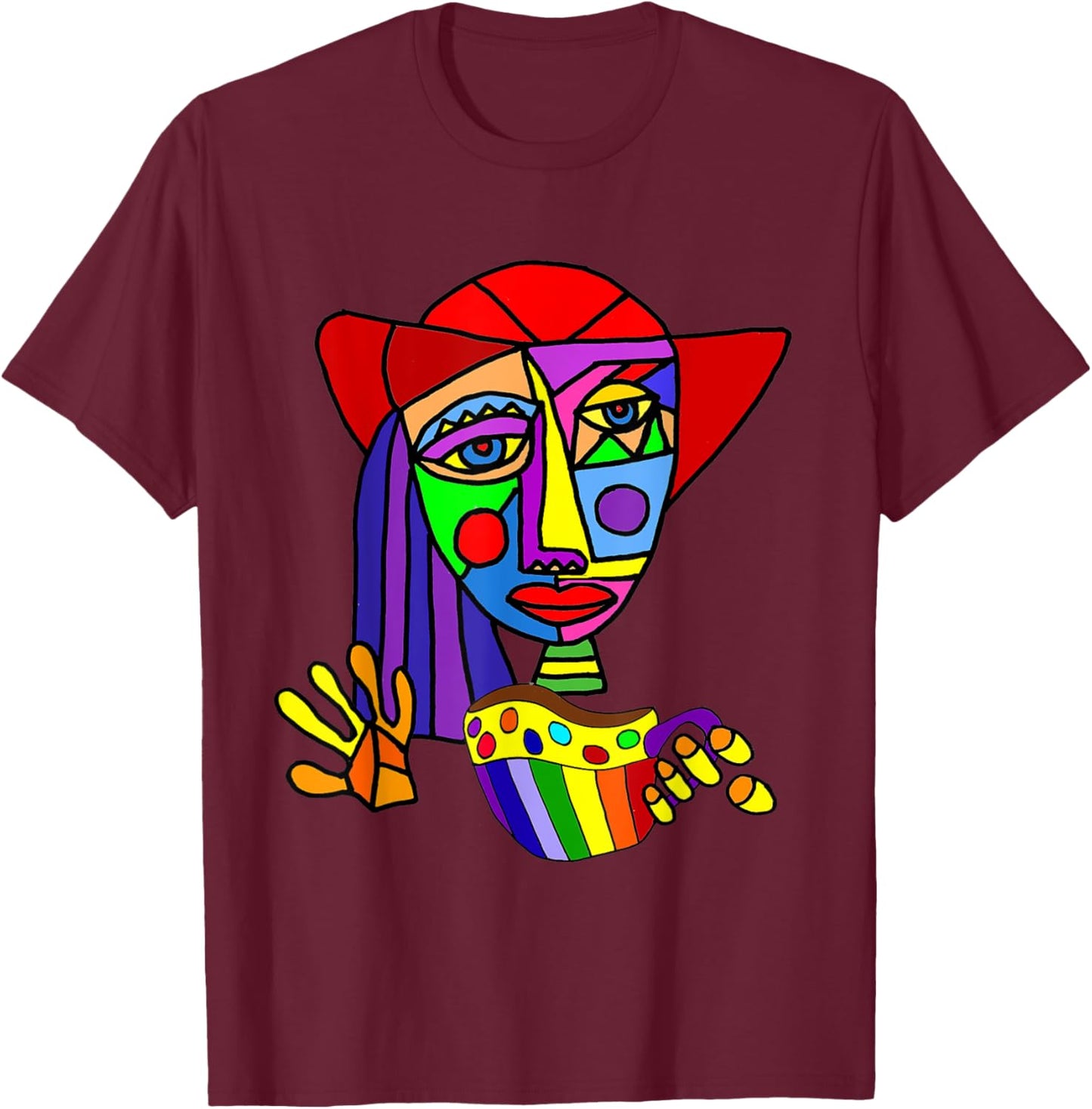 Smileteesfunny Funny Woman Drinking Coffee Cubism Art T-Shirt - T-Shirt | Maroon