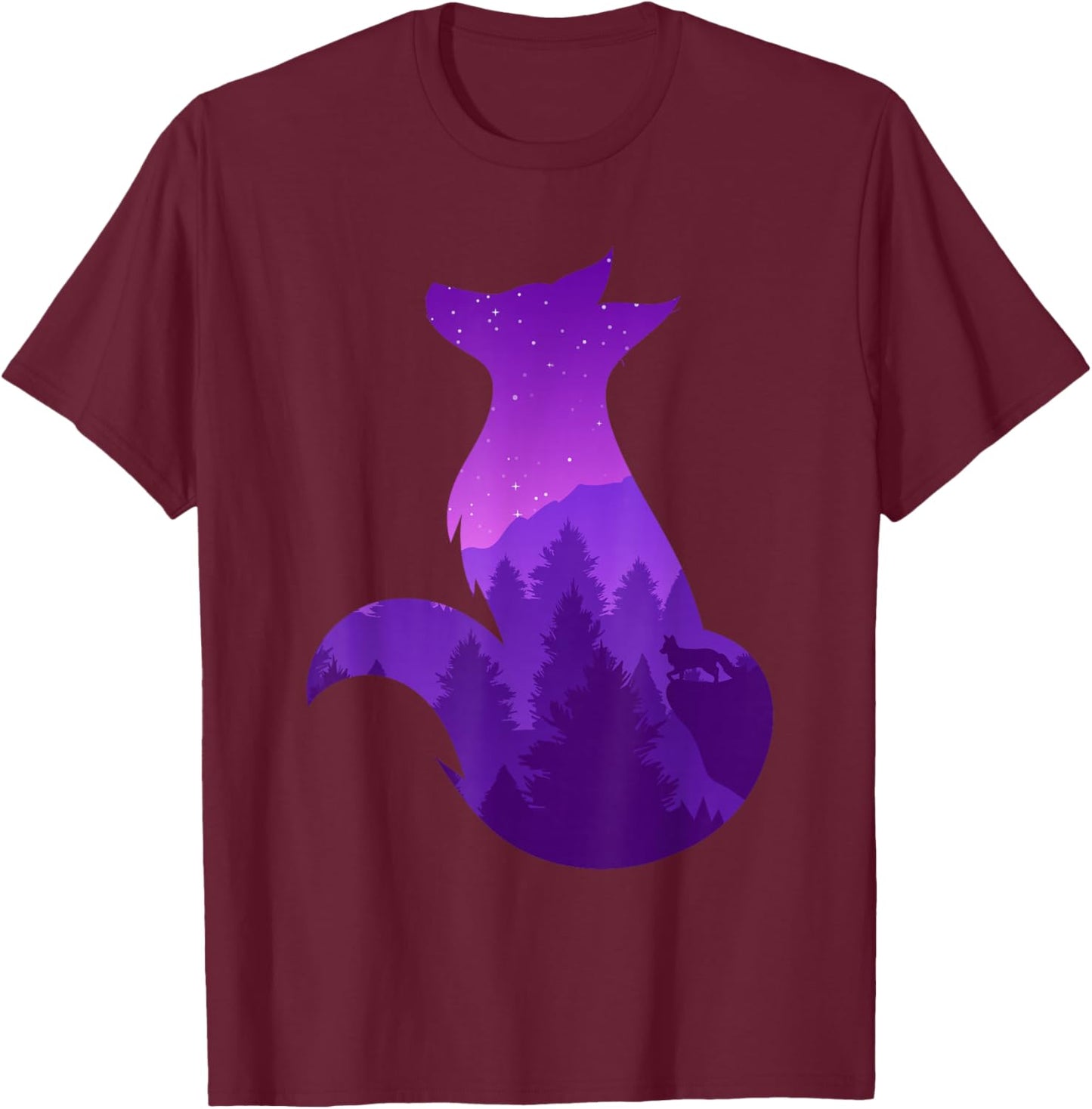 Night Wildlife Animal Galaxy Forest Nature Trees Stars Fox T-Shirt - T-Shirt | Maroon