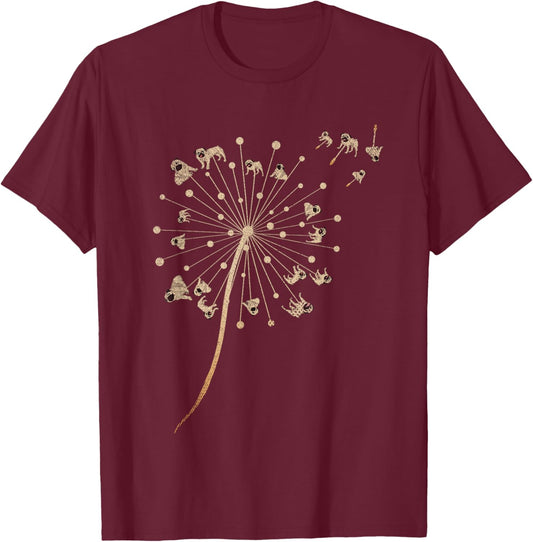 Dog Breed Pug Dog Lover Cute Pet Animal Dandelion Pug T-Shirt - T-Shirt | Maroon