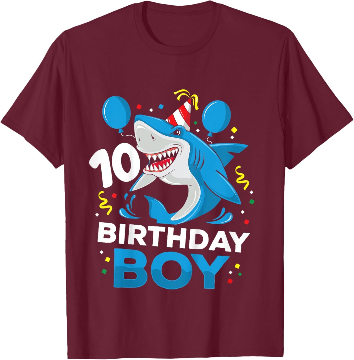 Kids 10th Birthday Boy Shark Ocean Theme Party 10 Years Old Boys T-Shirt - T-Shirt | Maroon