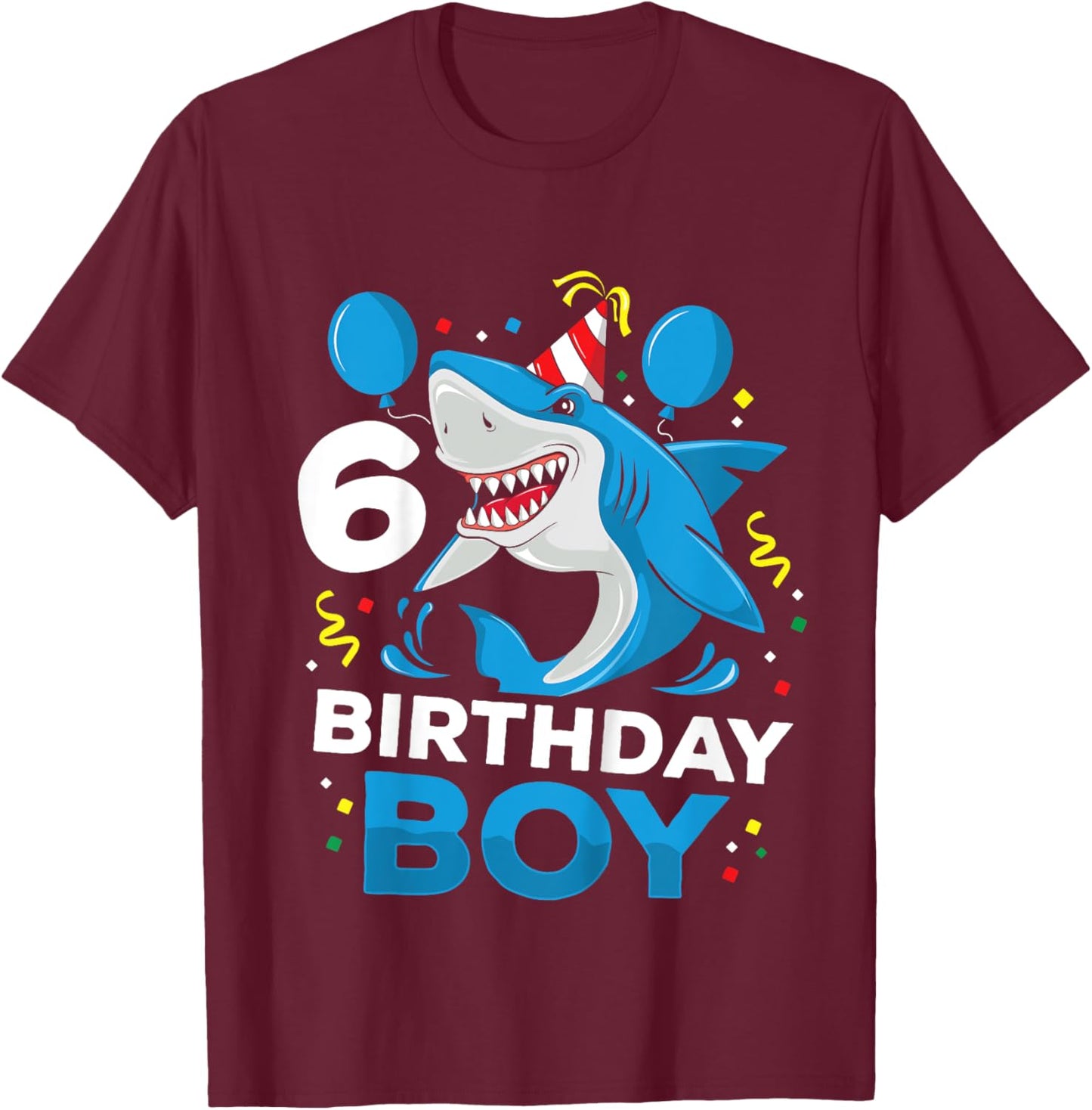 Kids 6th Birthday Boy Shark Ocean Theme Party 6 Years Old For Boy T-Shirt - T-Shirt | Maroon