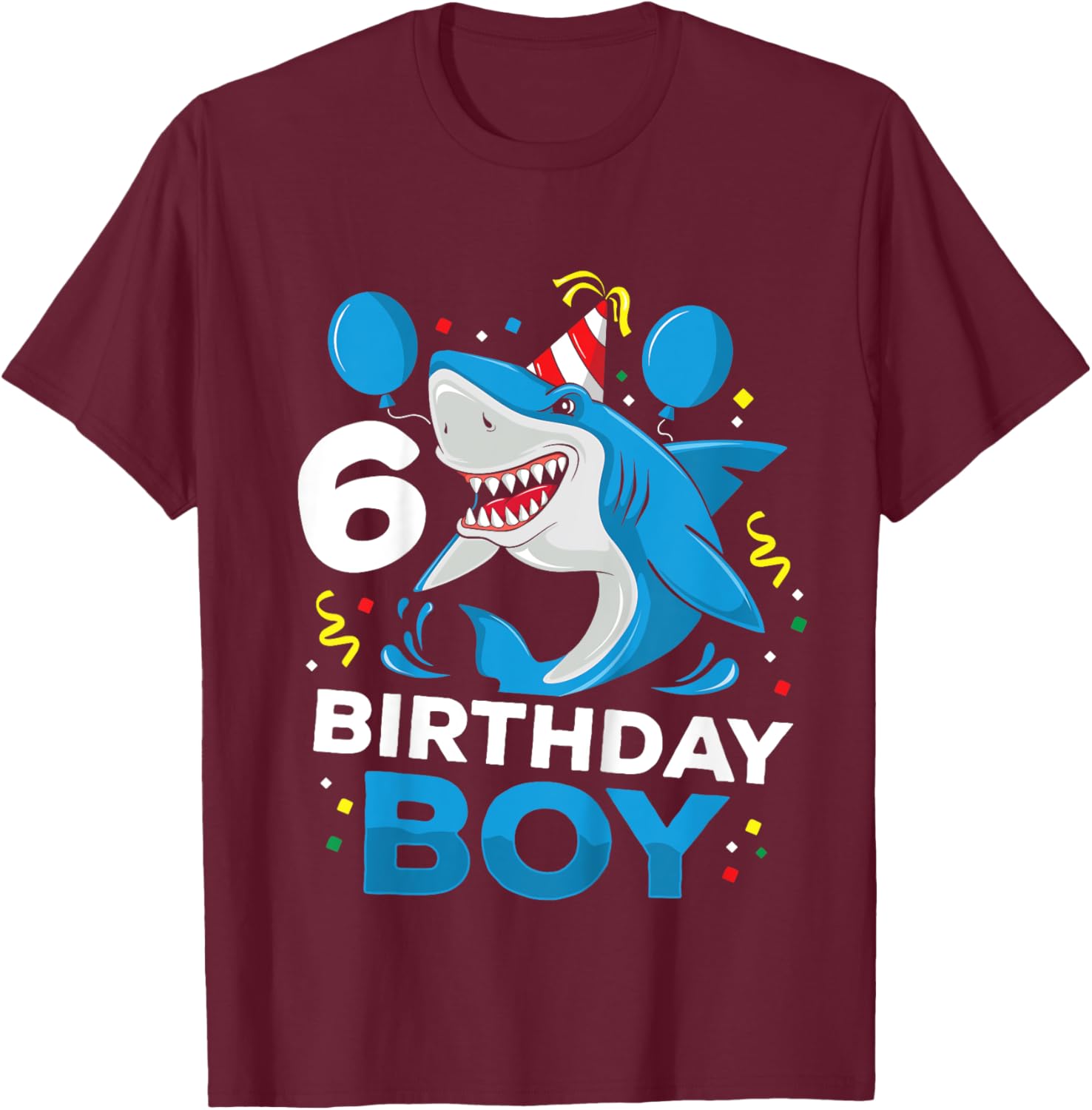 Kids 6th Birthday Boy Shark Ocean Theme Party 6 Years Old For Boy T-Shirt - T-Shirt | Maroon