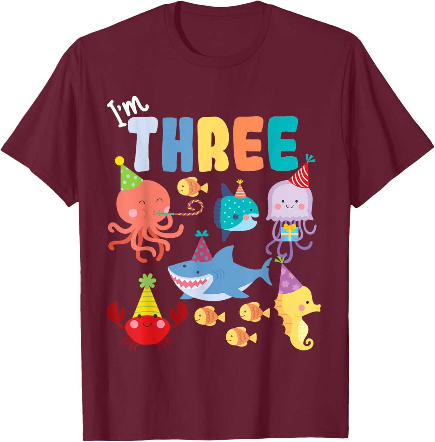 Cute Sea Animals Ocean Creatures Party 3rd Birthday 3 Three T-Shirt - T-Shirt | Maroon