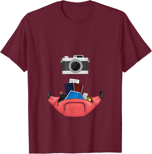 Tourist Spirit Day Camera Passport Map and Camera Tourism T-Shirt - T-Shirt | Maroon