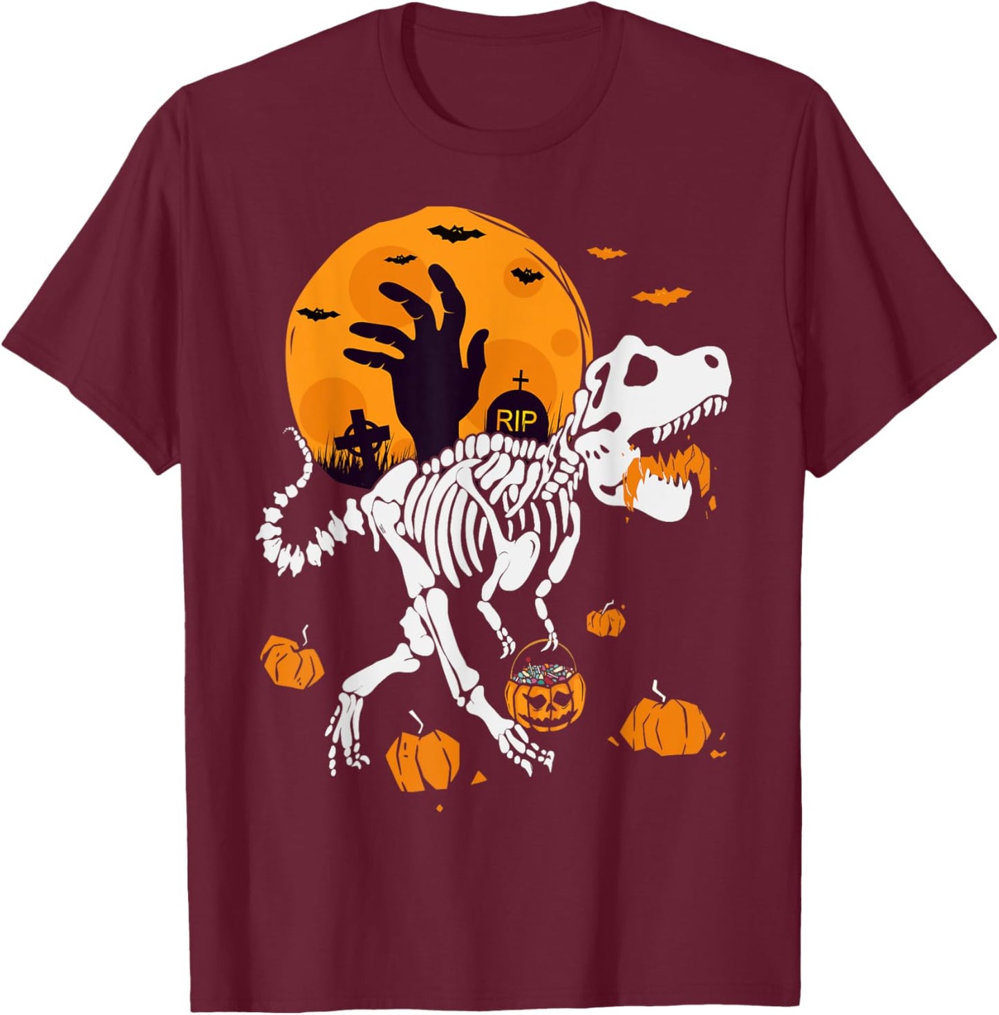 Pumpkin Trex with Moon Halloween Dinosaur Skeleton T-Shirt - T-Shirt | Maroon