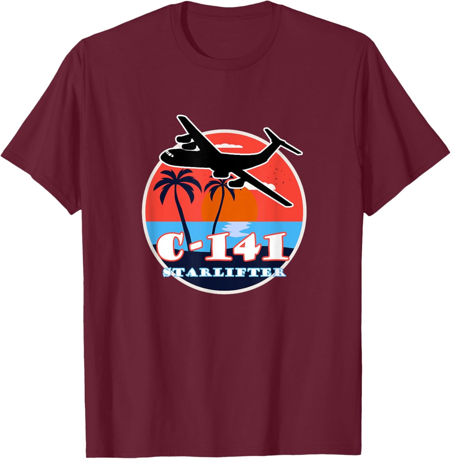 C-141 Vintage Tropical Sunset Cargo Aviation T-Shirt - T-Shirt | Maroon