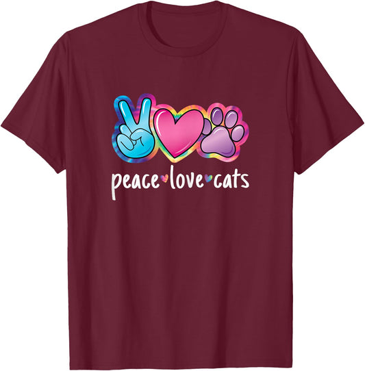 Peace Love Cats Cute Cat Kitten Lover Paw Cat Women Girls T-Shirt - T-Shirt | Maroon