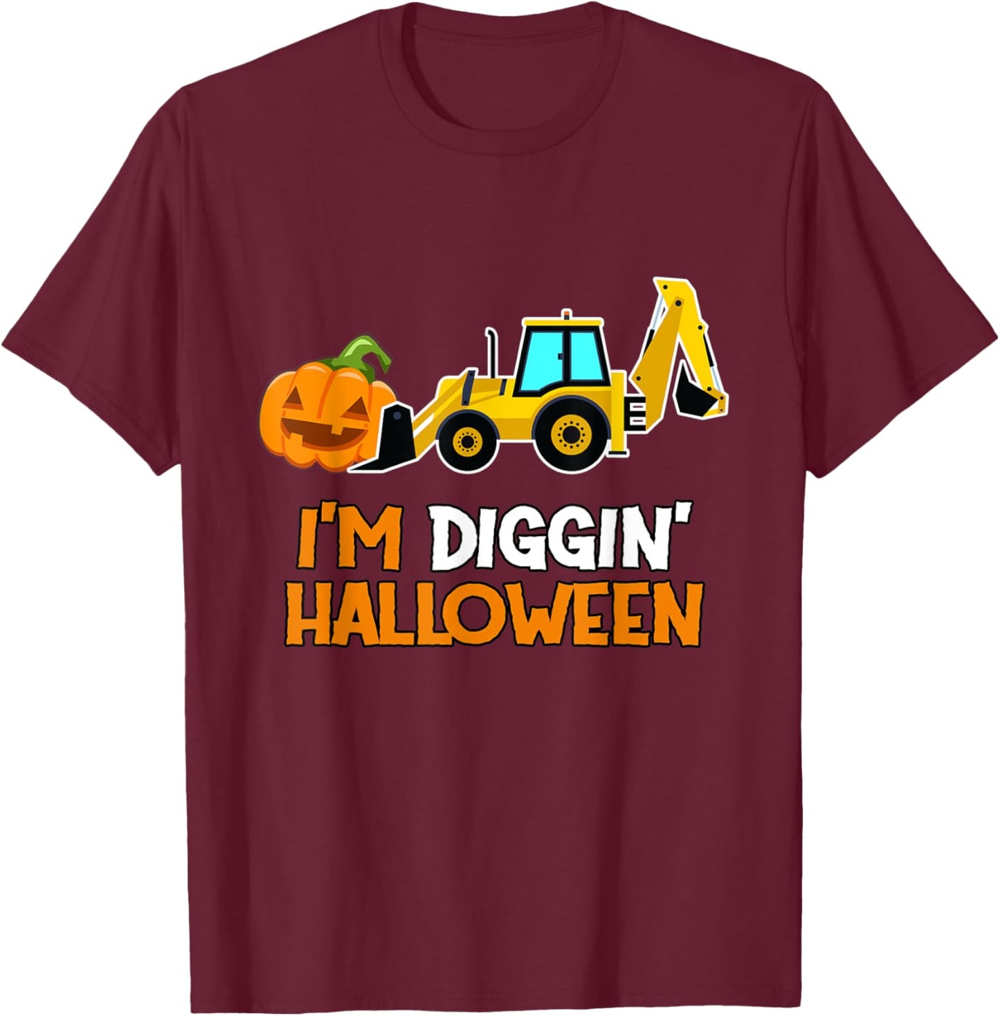 Kids Boys Backhoe Diggin Halloween Toddler Pumpkin Tractor T-Shirt - T-Shirt | Maroon