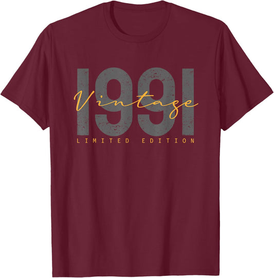 34 Years Old Vintage 1991 34th Birthday Decoration Men Women T-Shirt - T-Shirt | Maroon
