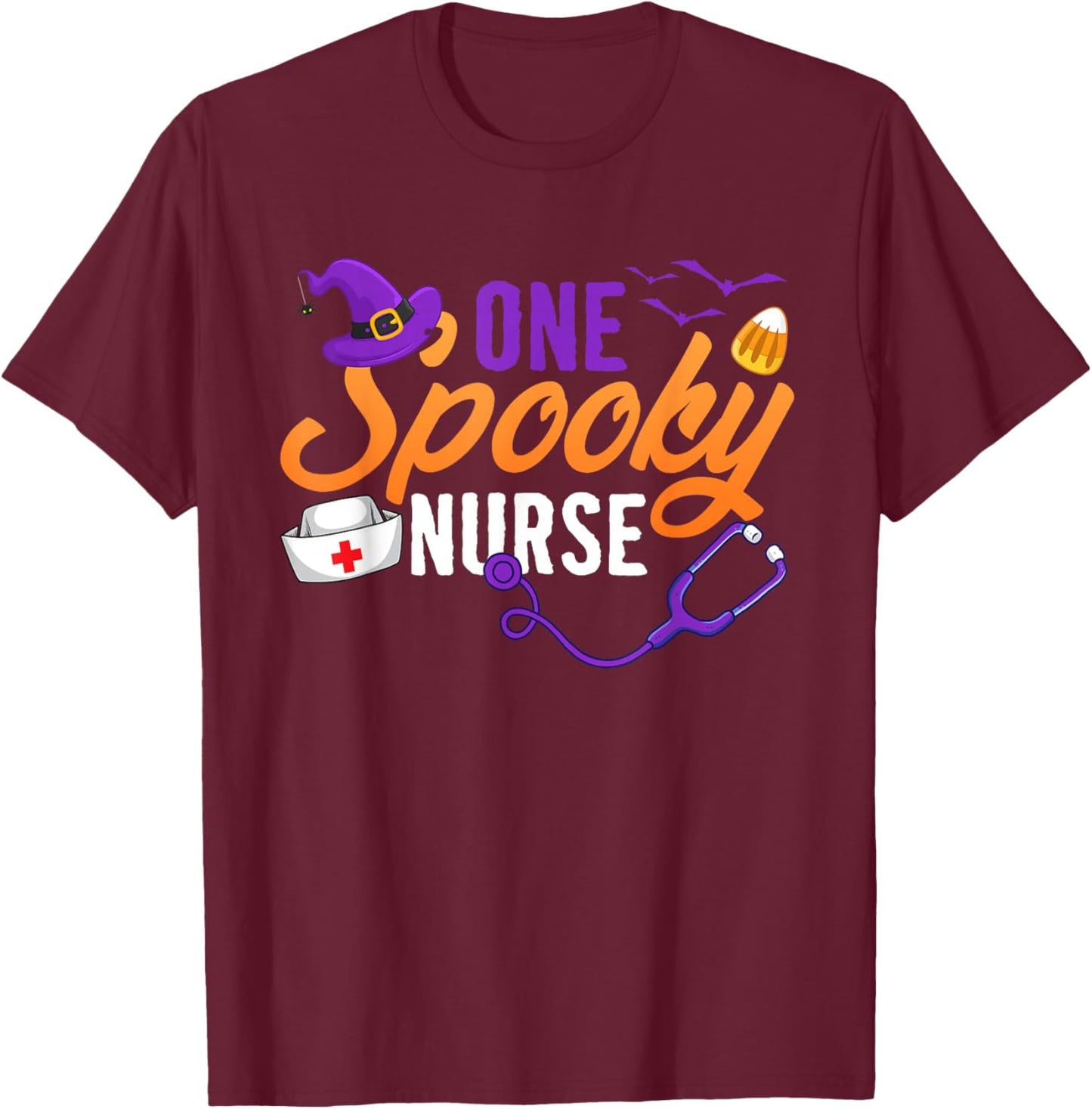 One Spooky Nurse Halloween RN Crew Witch Ghost T-Shirt - T-Shirt | Maroon