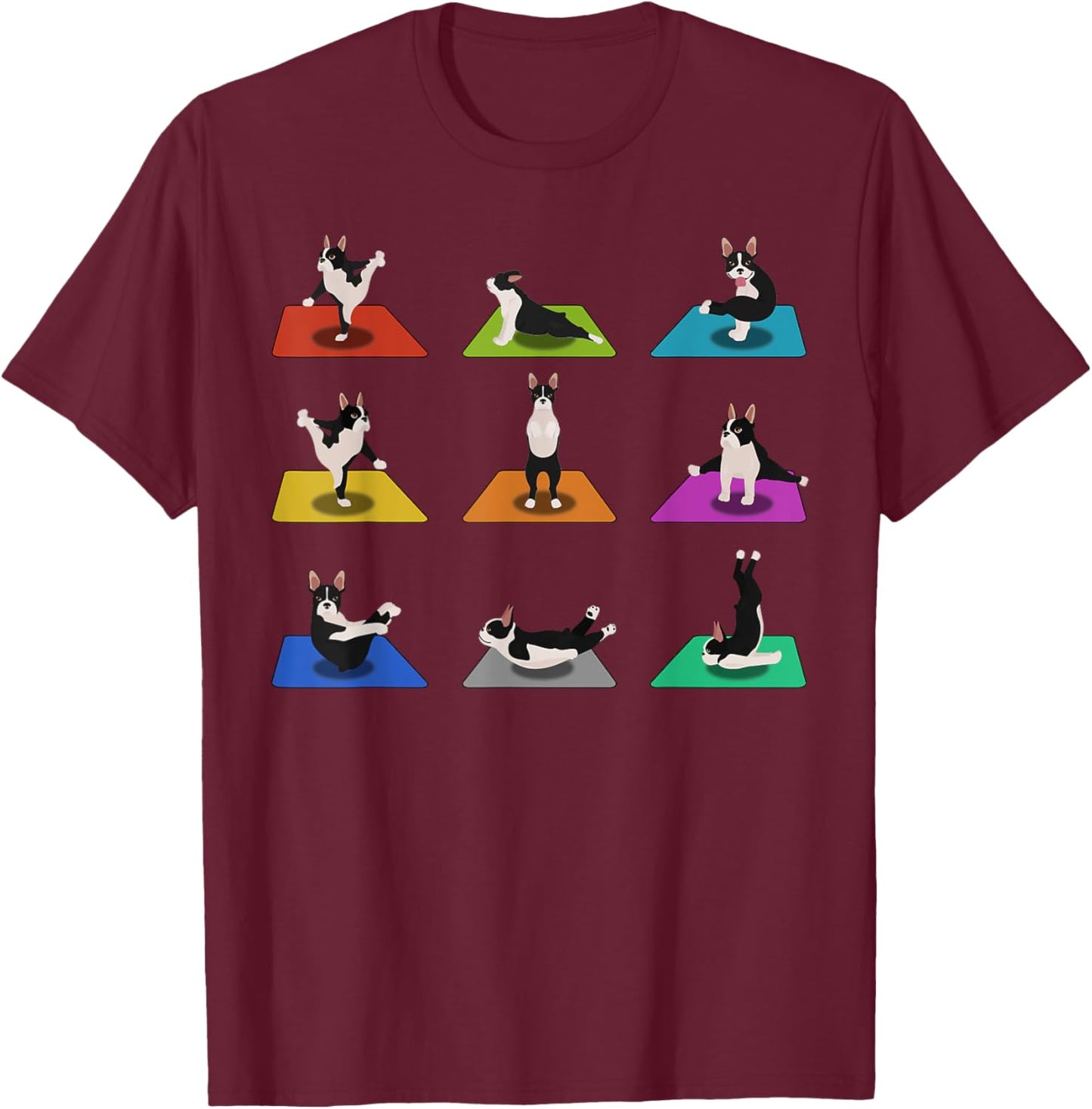 Funny Boston Terriers Yoga Asana Pose and Meditation T-Shirt - T-Shirt | Maroon