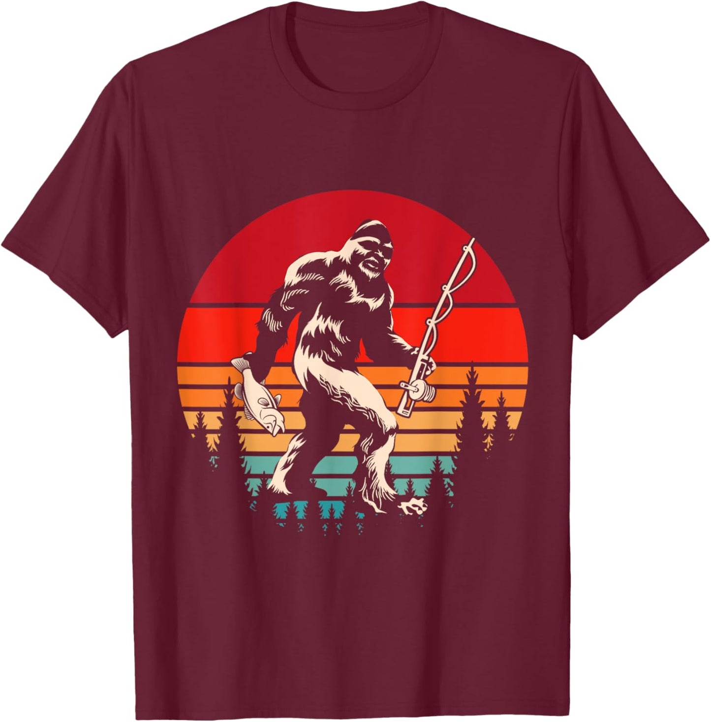 Retro Yeti Sasquatch Cryptid Fishermen Gift Fishing Bigfoot T-Shirt - T-Shirt | Maroon