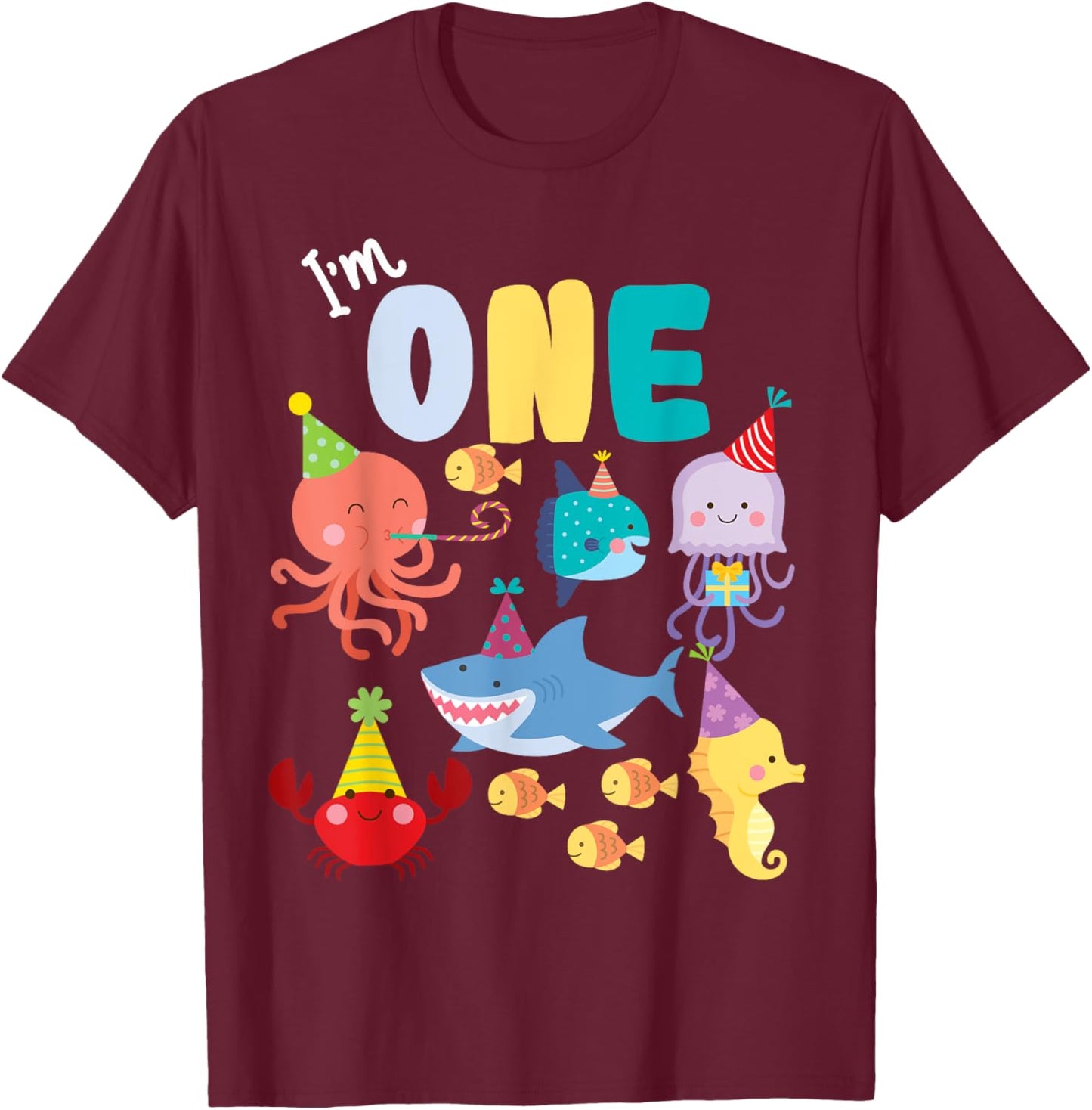 Cute Sea Animals Ocean Creatures Party 1st Birthday I'm One T-Shirt - T-Shirt | Maroon