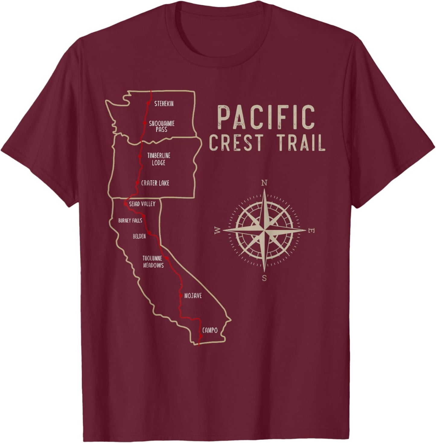 PCT - Pacific Crest Trail Hiking Map T-Shirt - T-Shirt | Maroon