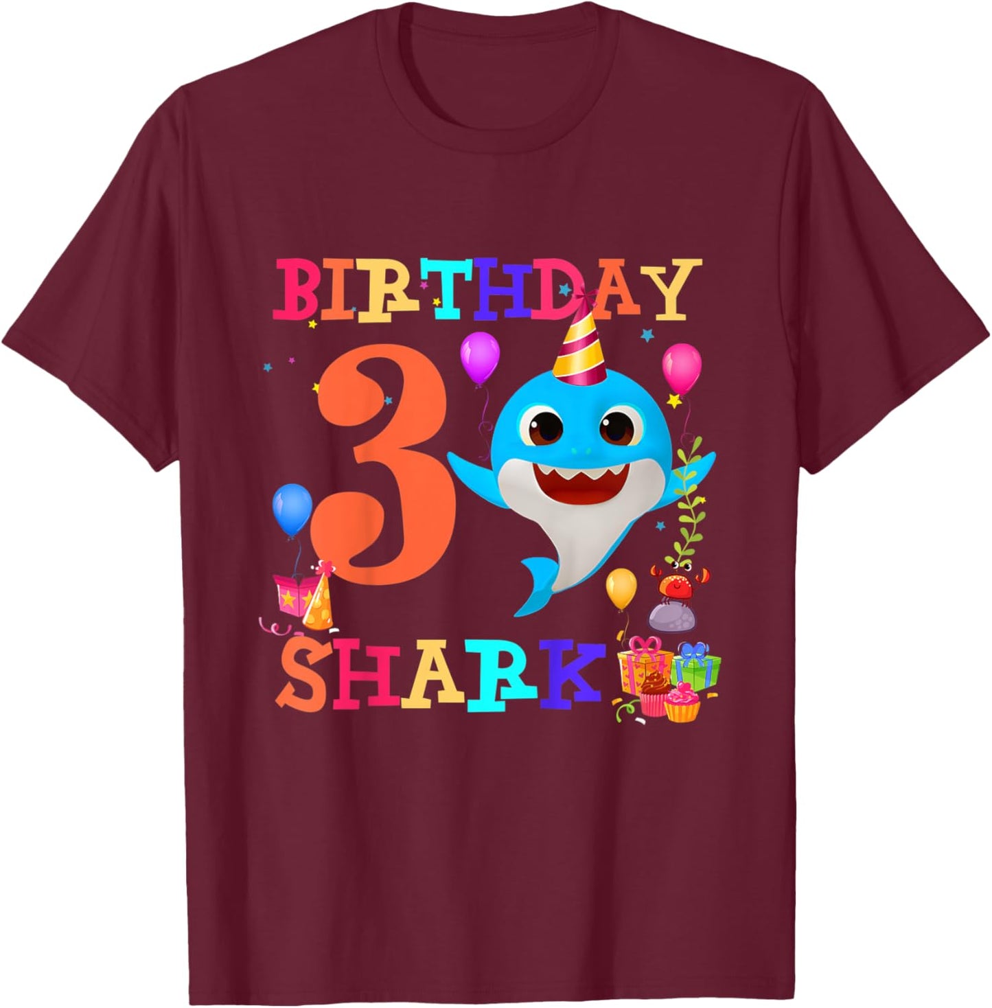 Kids 3 Year Old 3rd Birthday Shark Boys girls Toddlers Kids T-Shirt - T-Shirt | Maroon