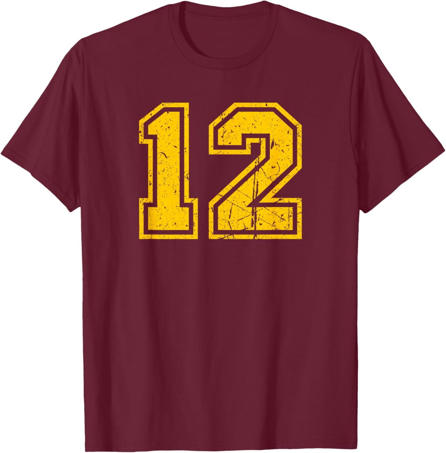 Number #12 Sport Yellow Vintage Number T-Shirt - T-Shirt | Maroon