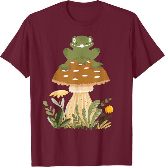 Cute Cottagecore Aesthetic Frog on Mushroom Teen Girl Women T-Shirt - T-Shirt | Maroon