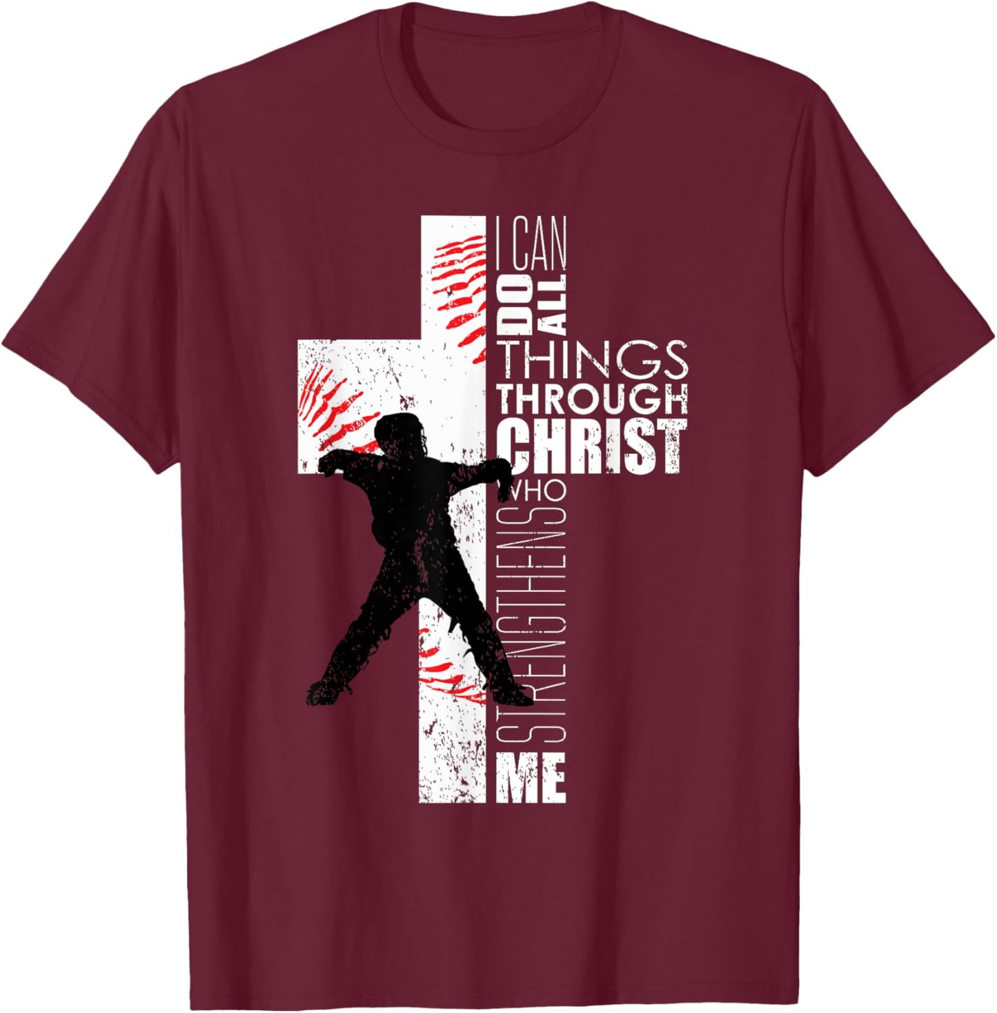 Christian Philippians 4:13 Kids Boys Cross Baseball Catcher T-Shirt - T-Shirt | Maroon
