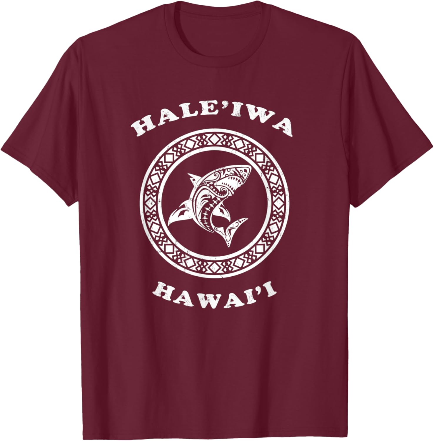 Haleiwa, Hawaii Vintage Retro Tribal Shark Vacation T-Shirt - T-Shirt | Maroon