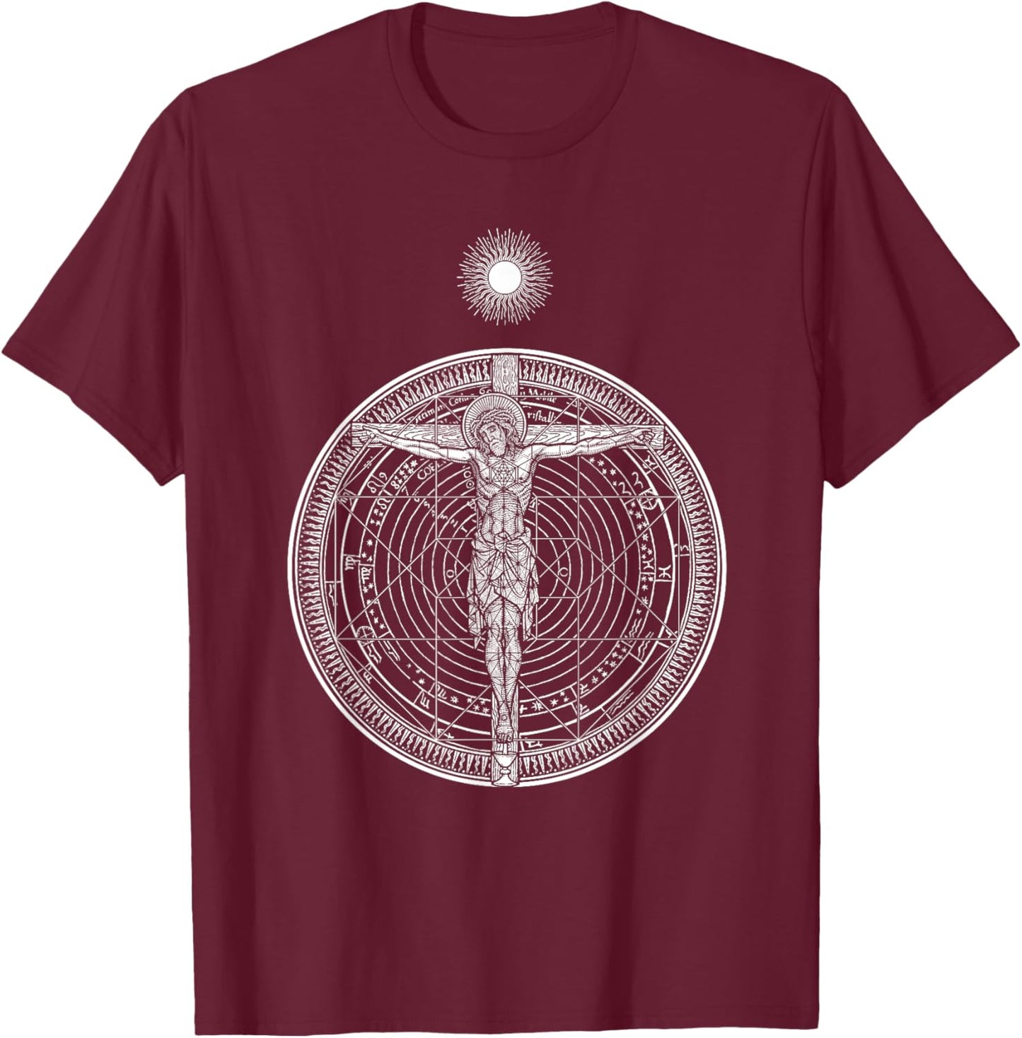 CRUCIFIXION Hypercube Cosmic Christ Crucifix Mandala Sun God T-Shirt - T-Shirt | Maroon