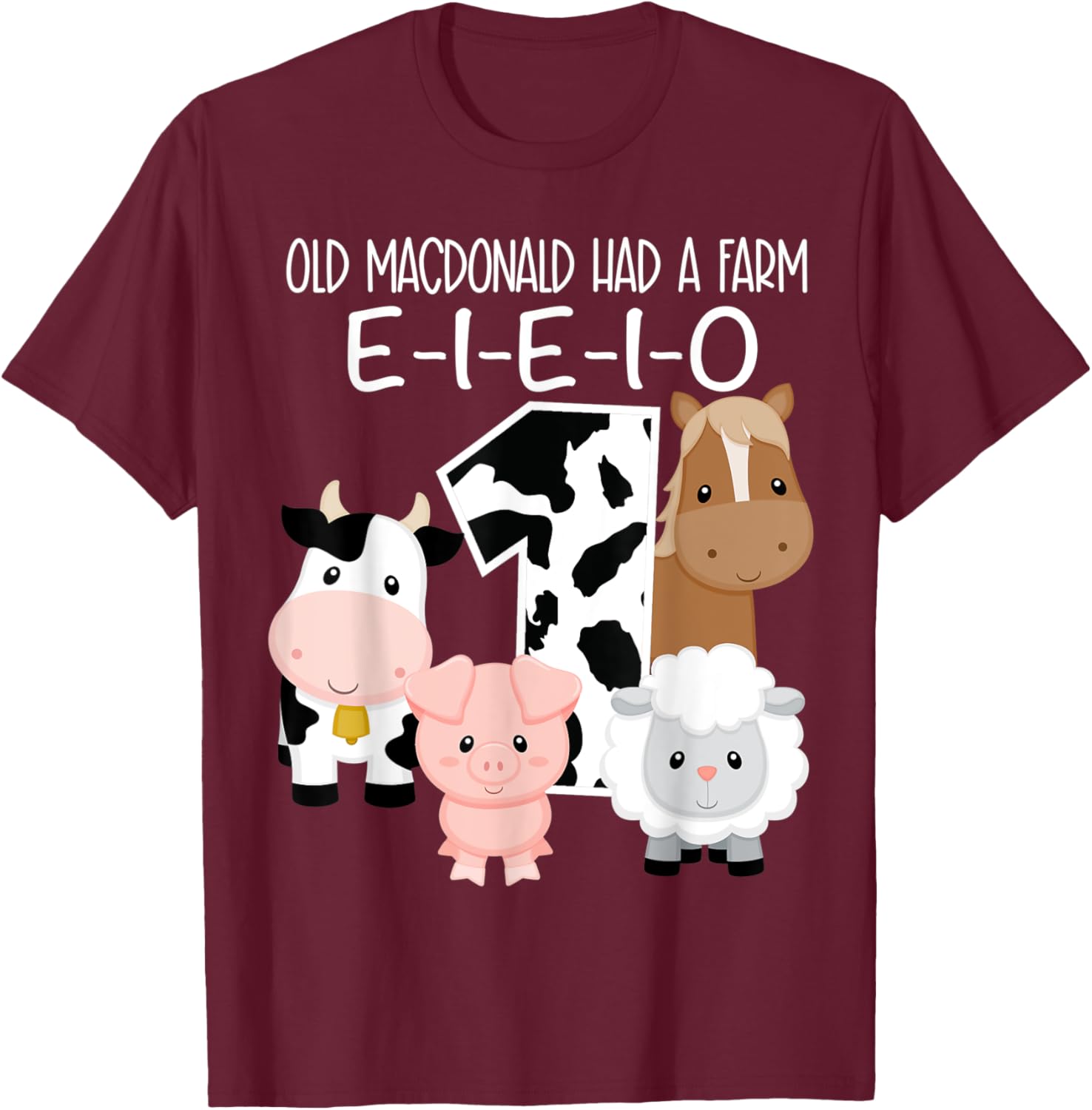1st Birthday Old MacDonald Farm Theme Birthday Farm Animals T-Shirt - T-Shirt | Maroon
