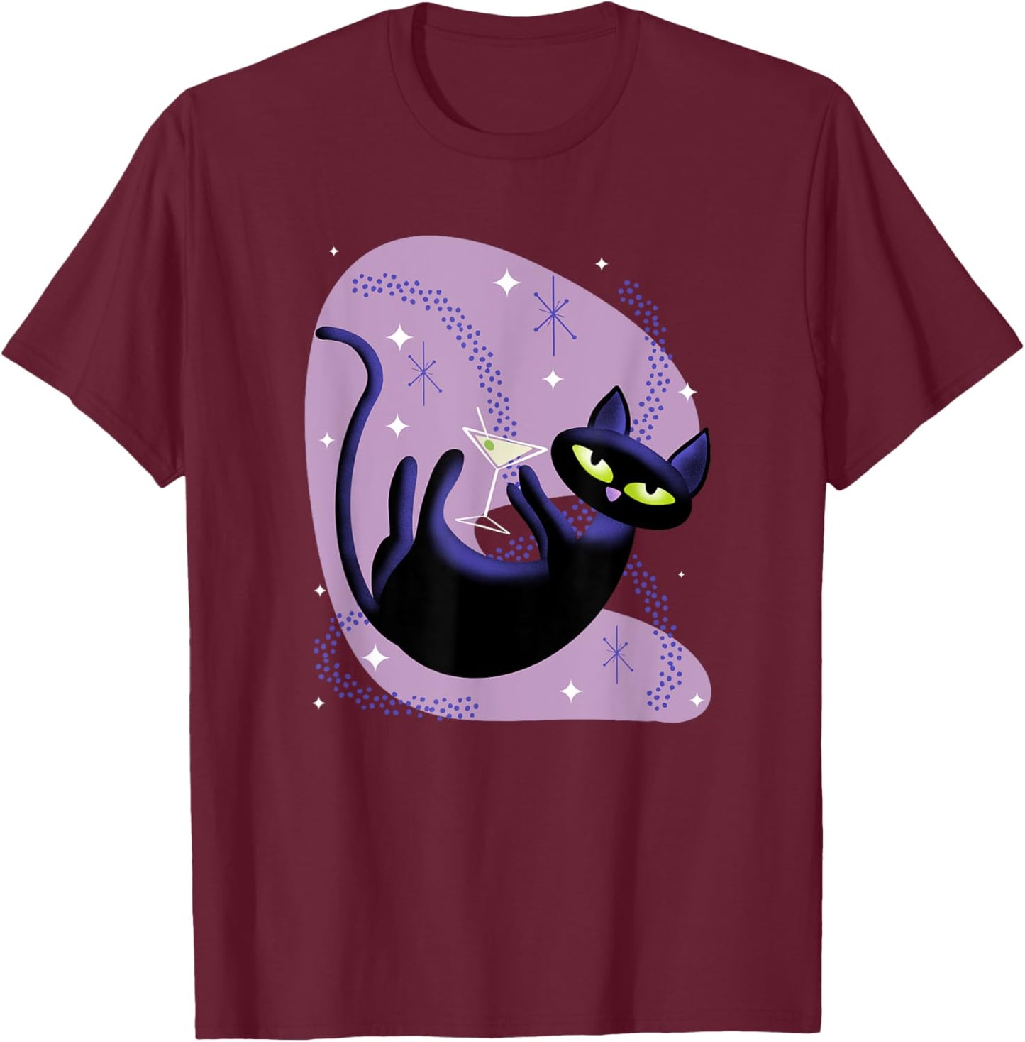 Cool Retro Atomic Cat Swimming in Space with Martini Men Women T-Shirt - T-Shirt | Maroon