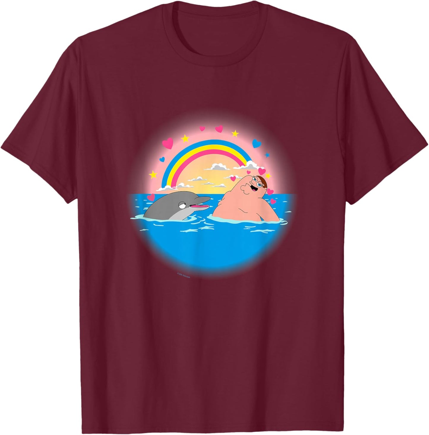 Family Guy Peter Dolphin & Rainbow T-Shirt - T-Shirt | Maroon