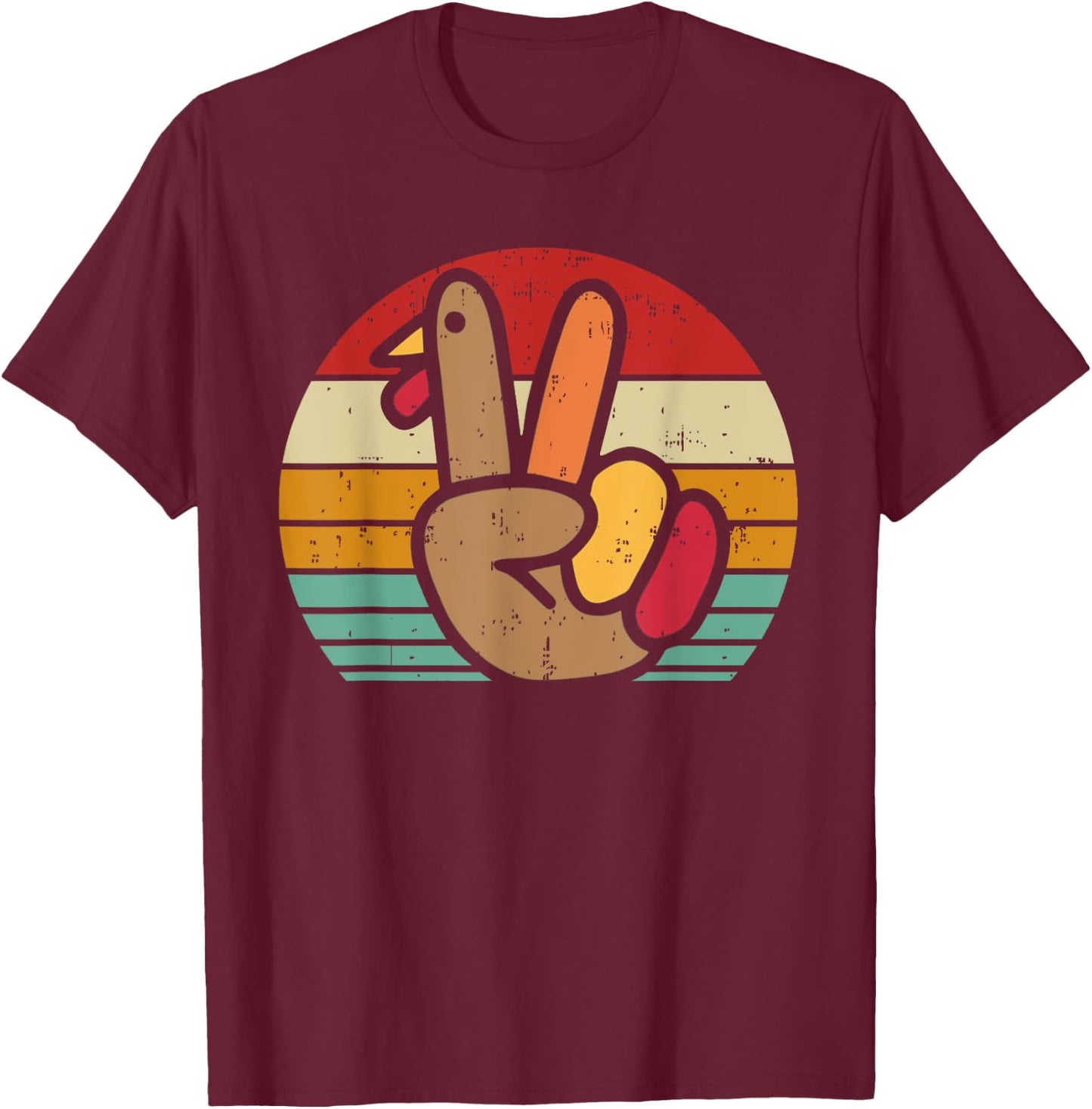 Peace Sign Turkey Hand Thanksgiving Retro Vintage Men Women T-Shirt - T-Shirt | Maroon