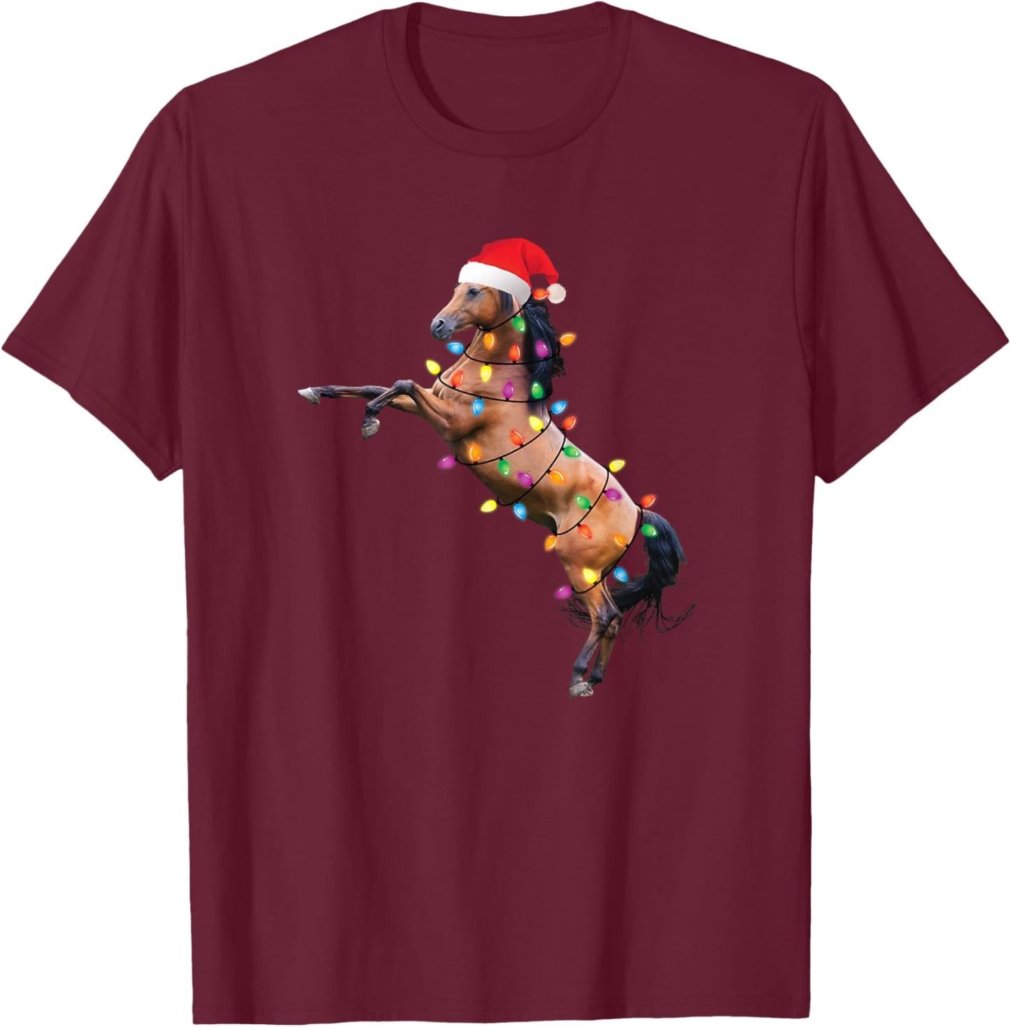 Christmas Lights Horse Santa Funny Xmas Tree Horse T-Shirt - T-Shirt | Maroon
