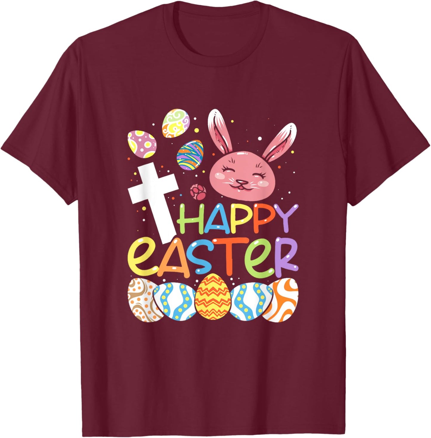 Religious Happy Easter Bunny Rabbit Eggs Jesus Cross Kids T-Shirt - T-Shirt | Maroon