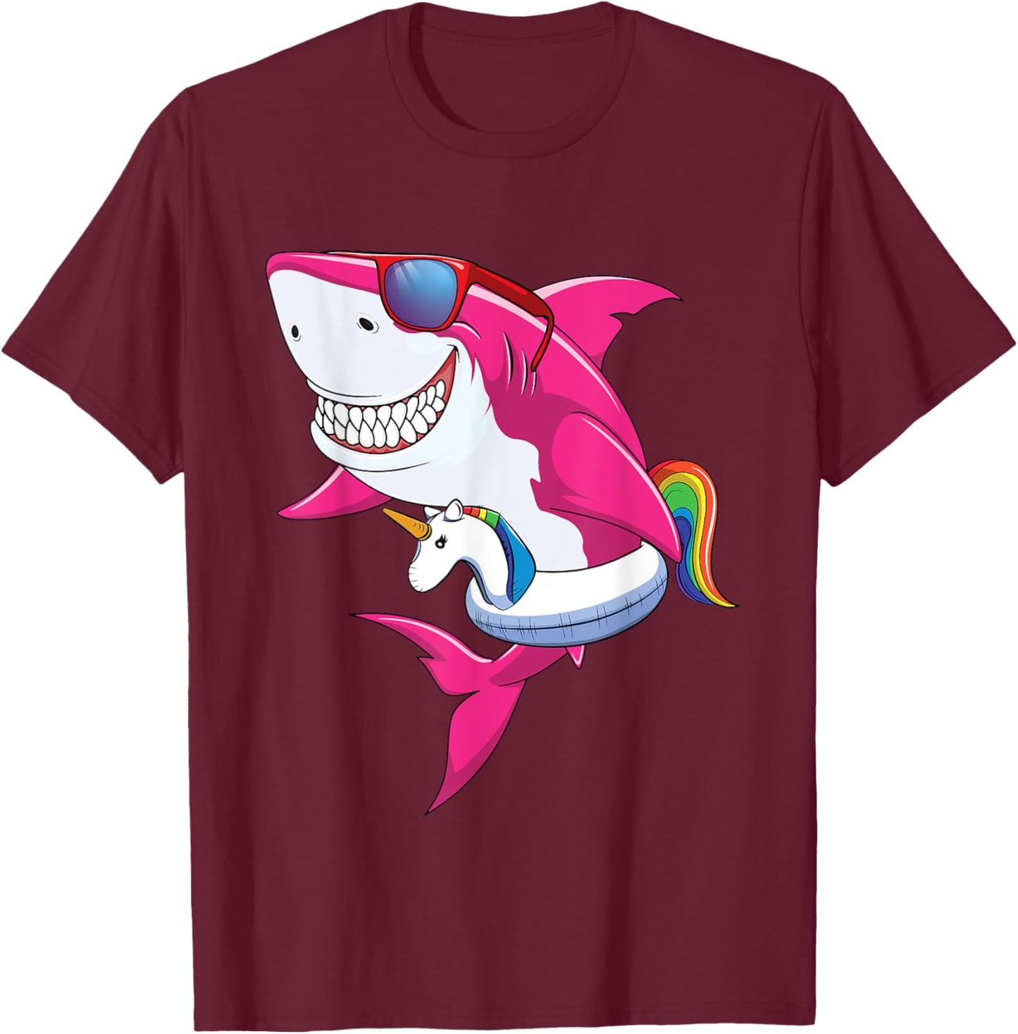 Shark Summer Shirt Girls Women Vacation Pool Unicorn & Shark T-Shirt - T-Shirt | Maroon