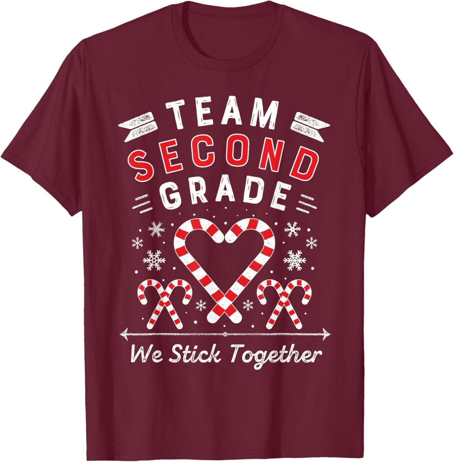 Team Second Grade Christmas Candy Cane Heart | Xmas Teacher Men Women Kids T-Shirt - T-Shirt | Maroon