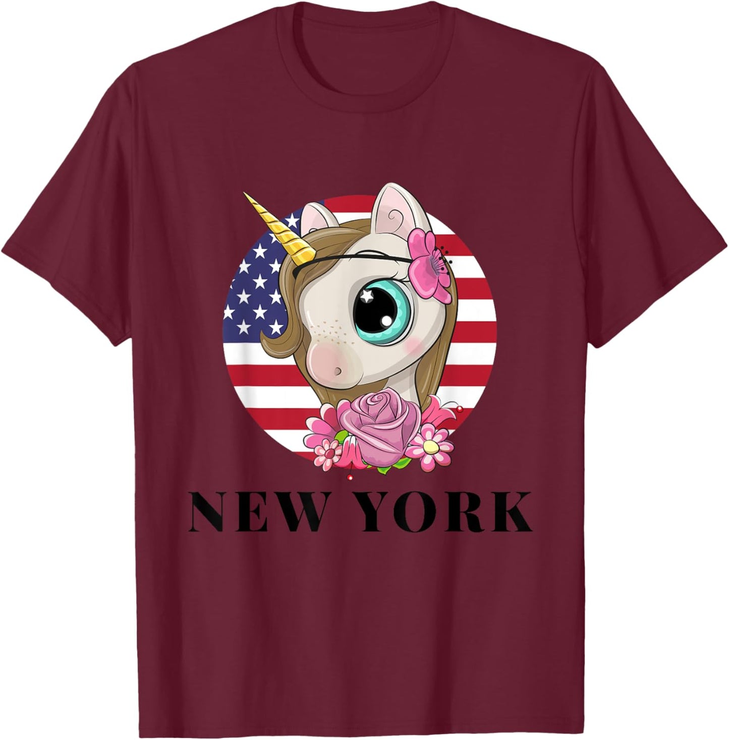 Cool Illustration New York USA Unicorn Rainbow Squad Graphic T-Shirt - T-Shirt | Maroon