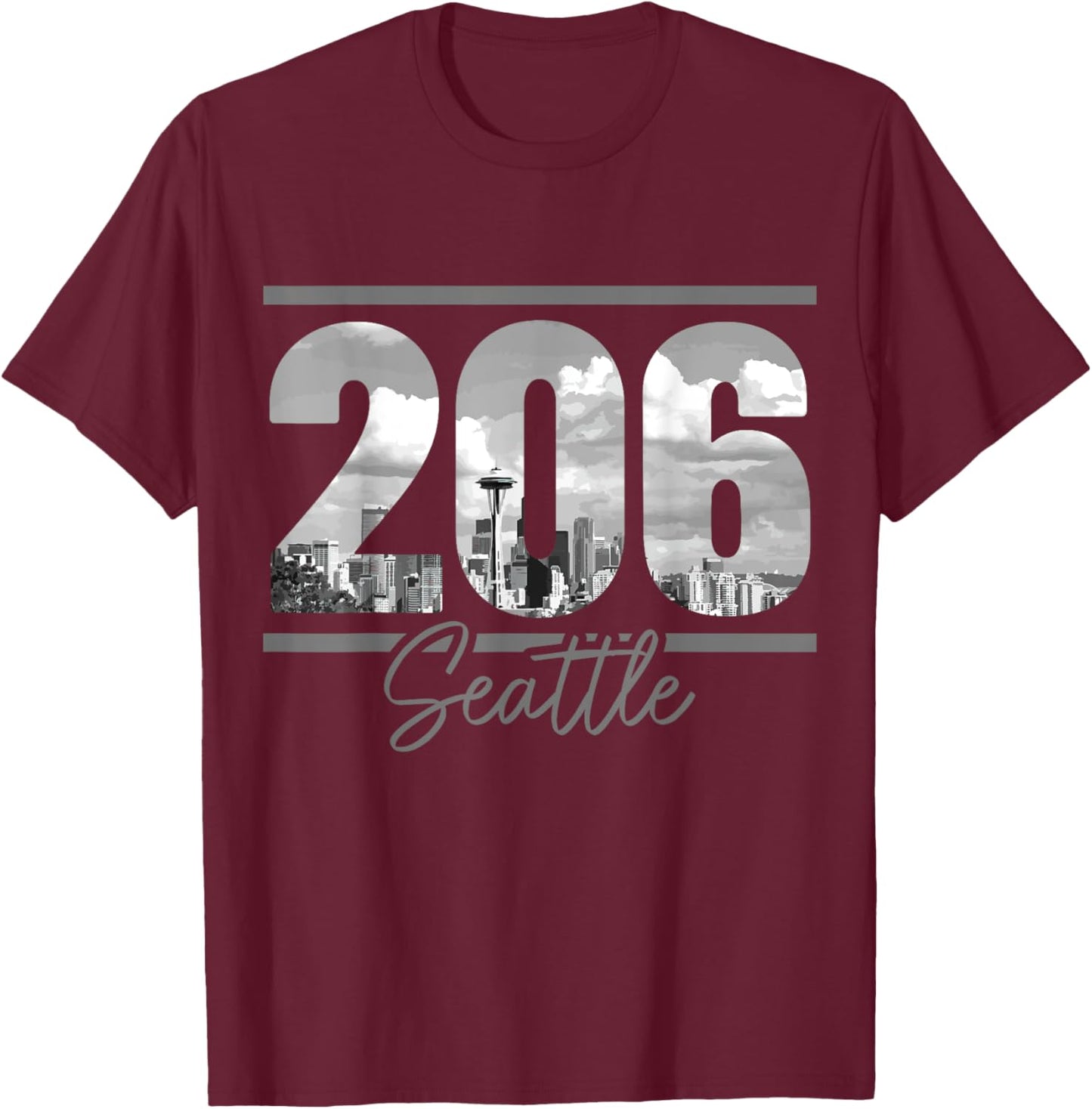 Seattle 206 Area Code Vintage Skyline Washington T-Shirt - T-Shirt | Maroon
