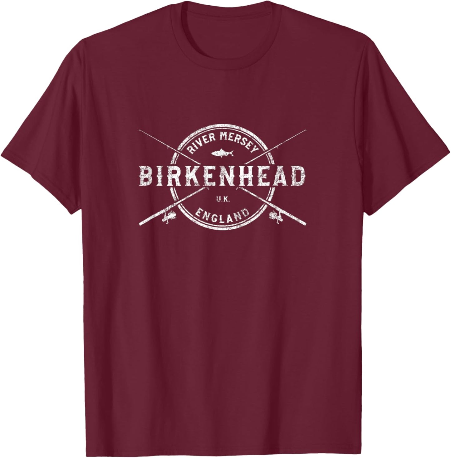 Birkenhead Vintage Crossed Fishing Rods T-Shirt - T-Shirt | Maroon