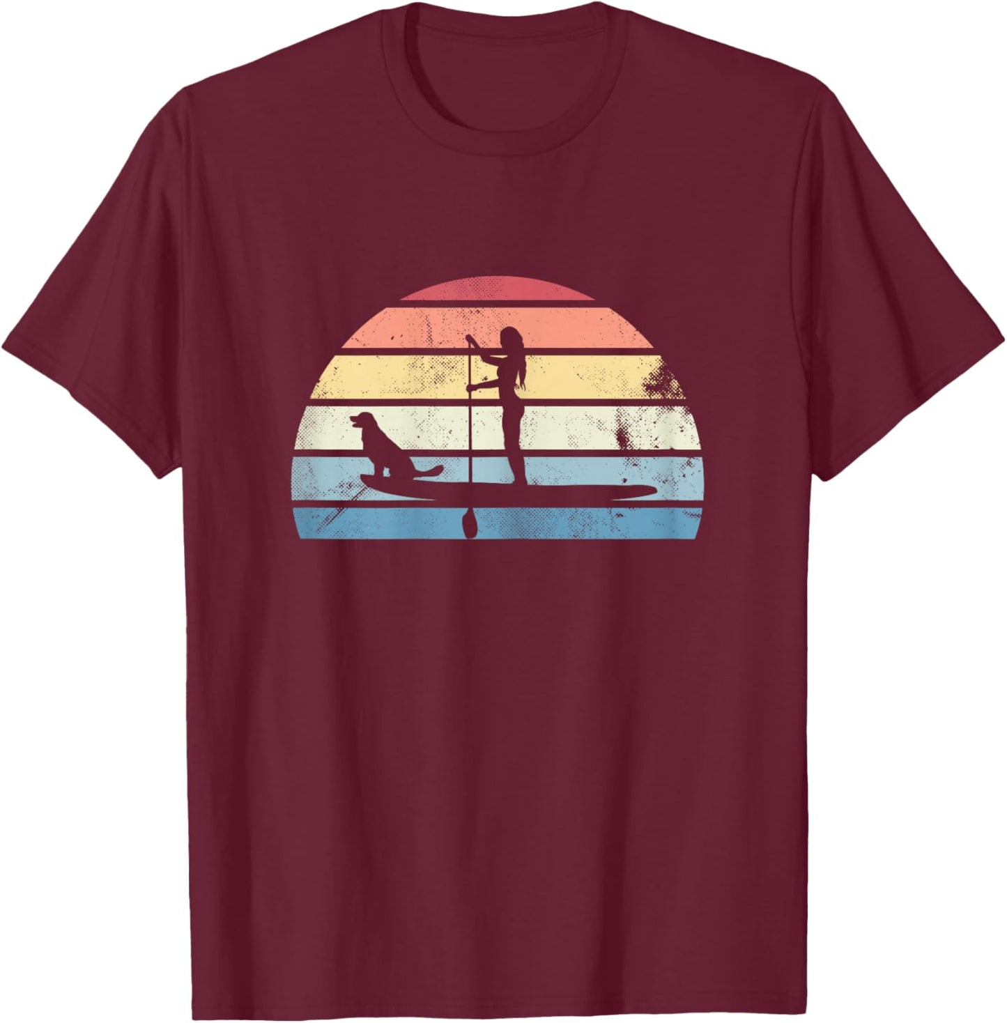 Retro Paddleboarding Girl with Dog Sunset Gift T-Shirt - T-Shirt | Maroon