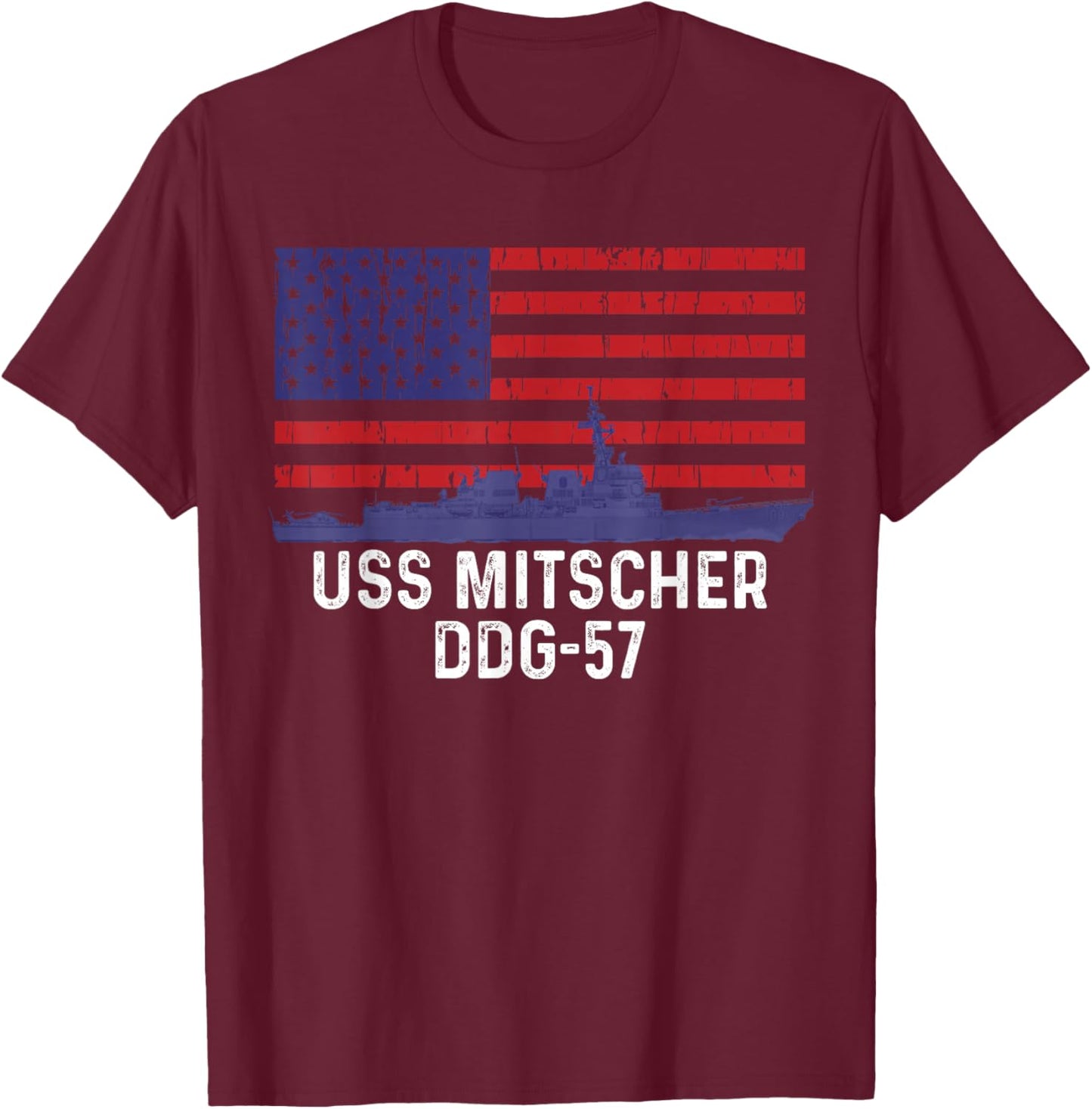 American Flag USS Mitscher DDG-57 Destroyer T-Shirt - T-Shirt | Maroon