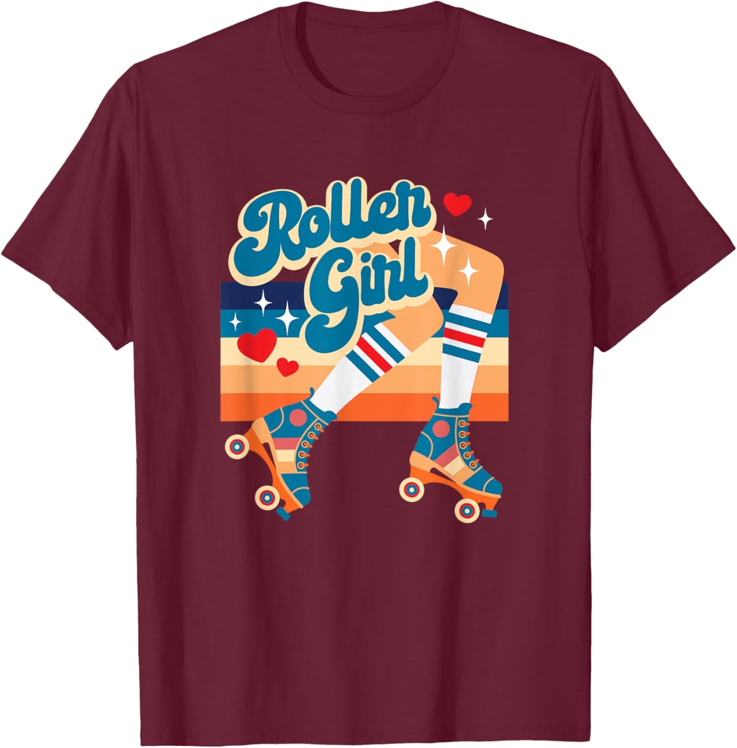 Retro Vintage Roller Girl Roller Skates w Hearts And Stripes T-Shirt - T-Shirt | Maroon
