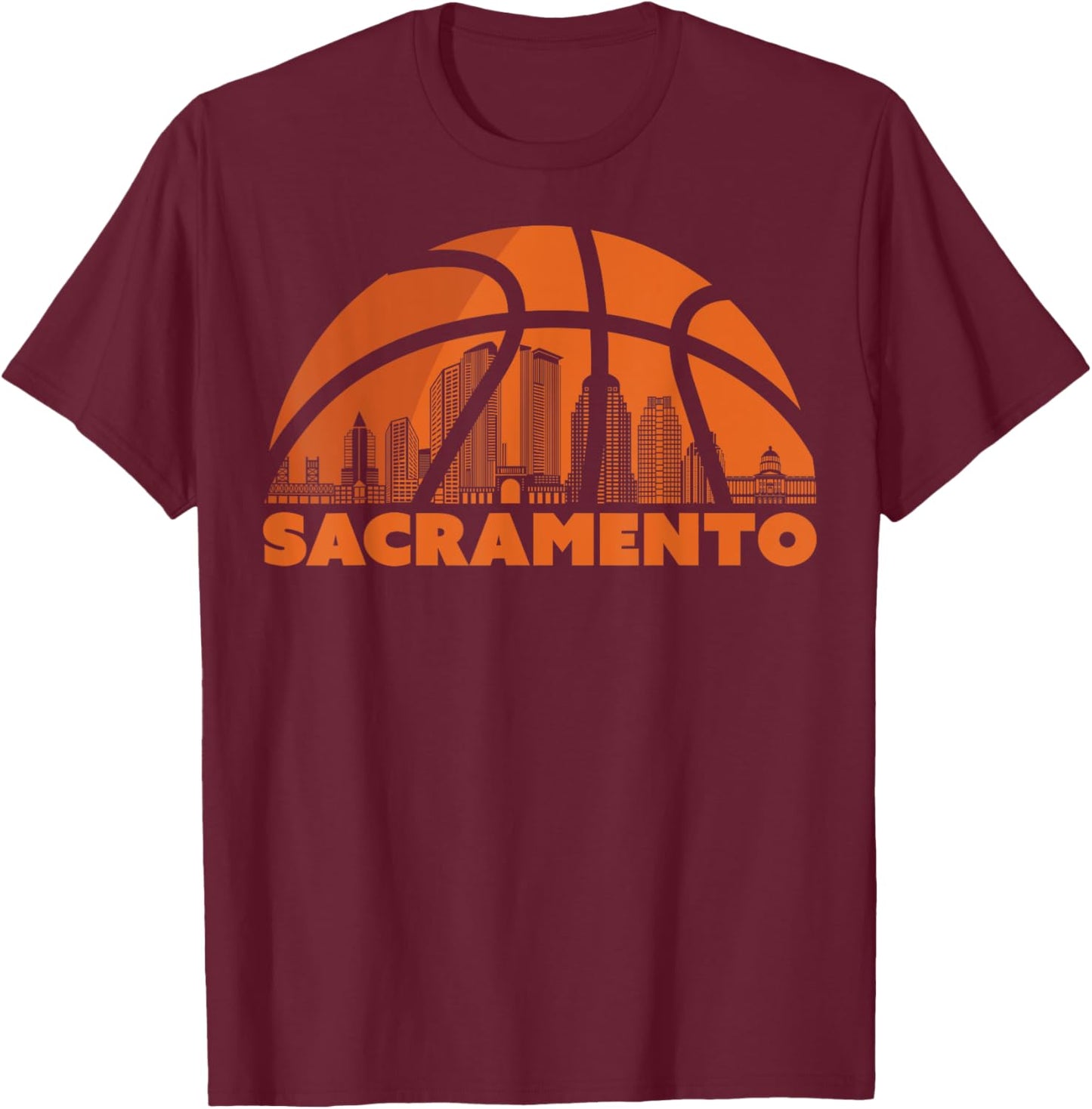 Sacramento City Skyline California Basketball Fan Jersey T-Shirt - T-Shirt | Maroon