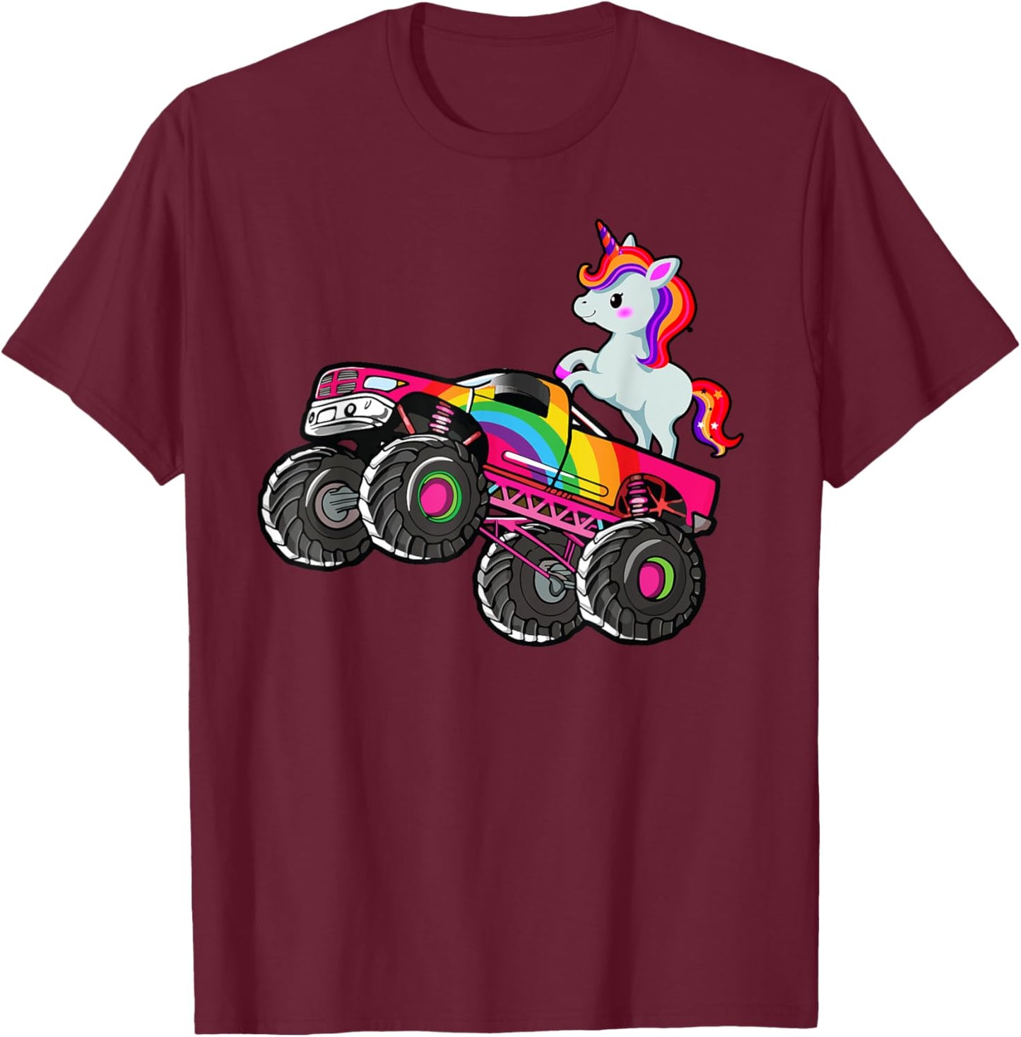 Girls Monster Truck Unicorn Rainbow Monster Truck Girl Women T-Shirt - T-Shirt | Maroon
