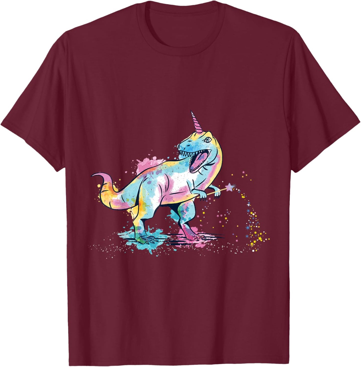 Tyrannosaurus with unicorn horn with magic wand T-Shirt - T-Shirt | Maroon