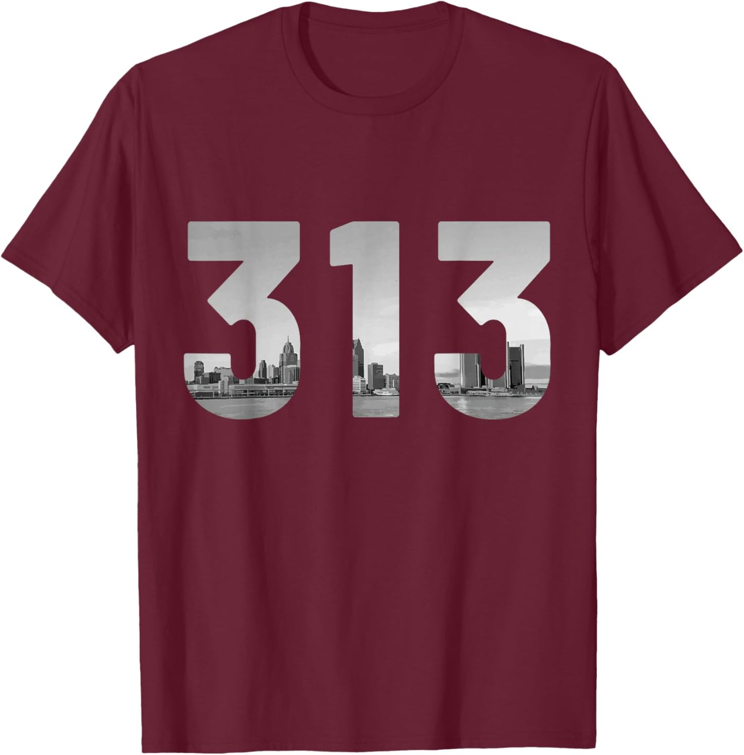Detroit 313 Area Code Michigan Skyline Vintage T-Shirt - T-Shirt | Maroon