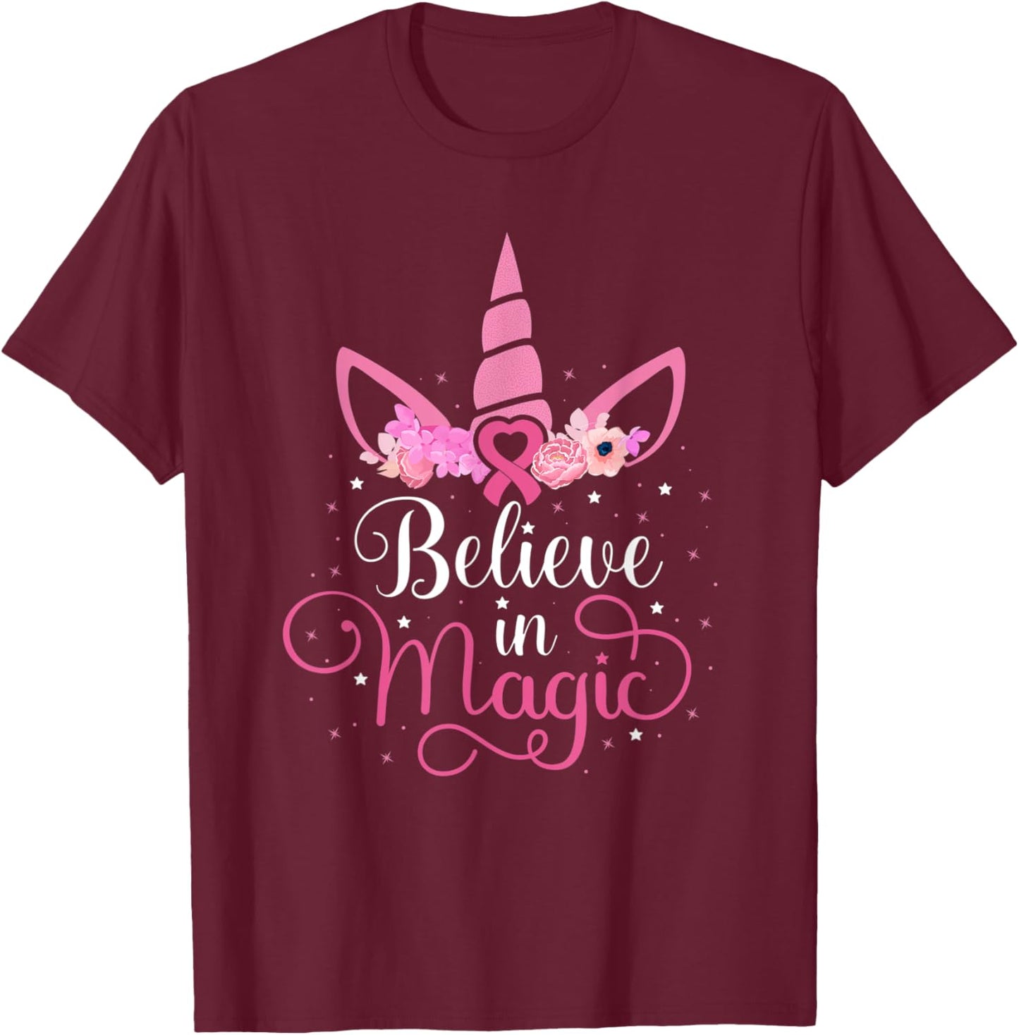 Breast Cancer Unicorn Magic Pink Ribbon Awareness Fighter T-Shirt - T-Shirt | Maroon