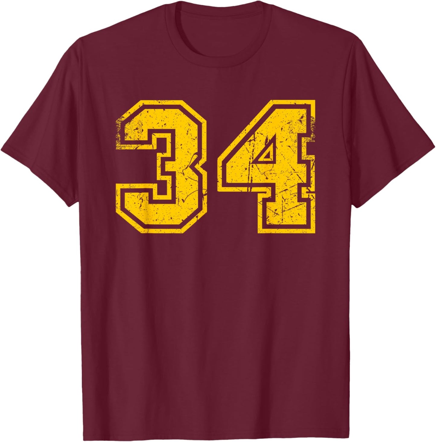 Vintage #34 Sport Yellow Uni Number T-Shirt - T-Shirt | Maroon