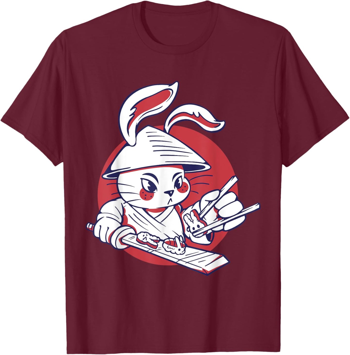 Kawaii Samurai Rabbit Chef Making Cute Bunny Sushi Food T-Shirt - T-Shirt | Maroon