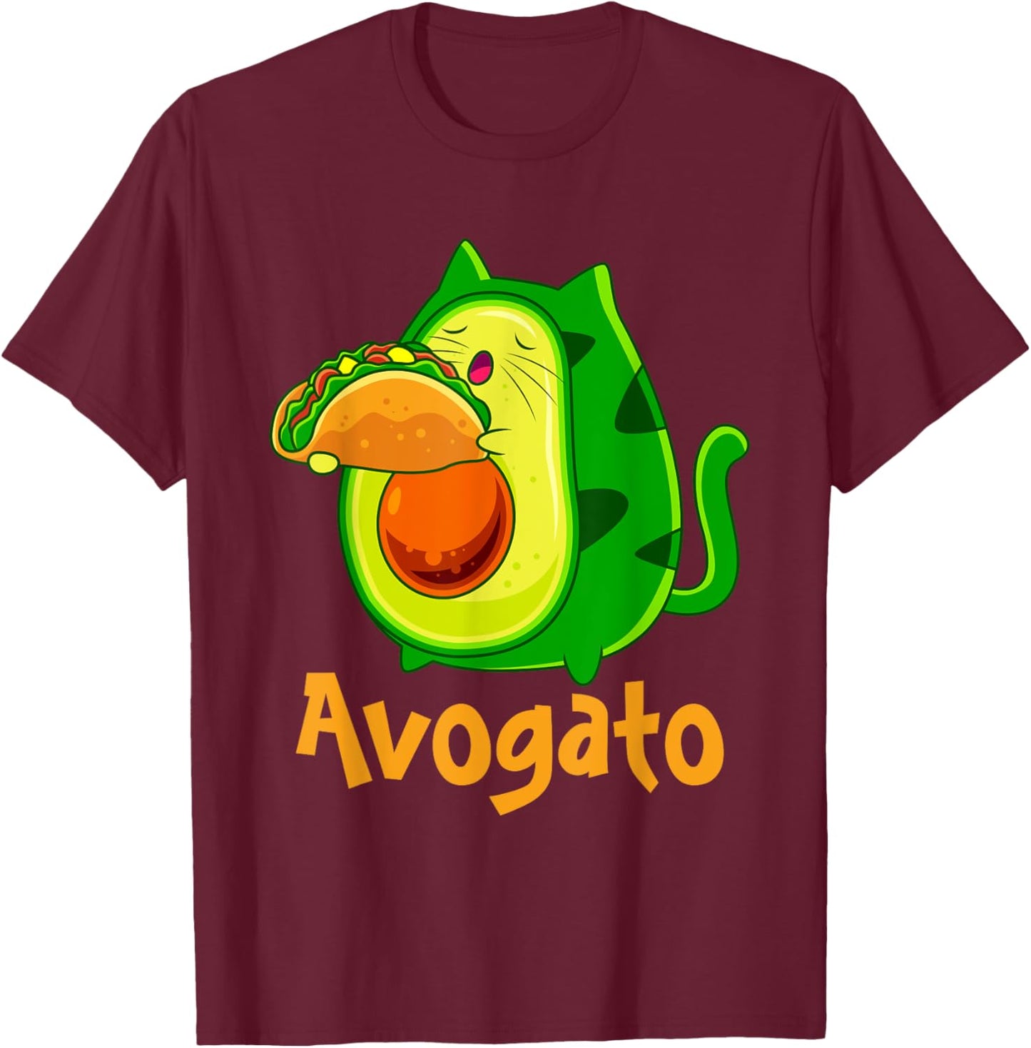 Avogato Avocato Cats Avocado with Taco Vegan Kitten T-Shirt - T-Shirt | Maroon