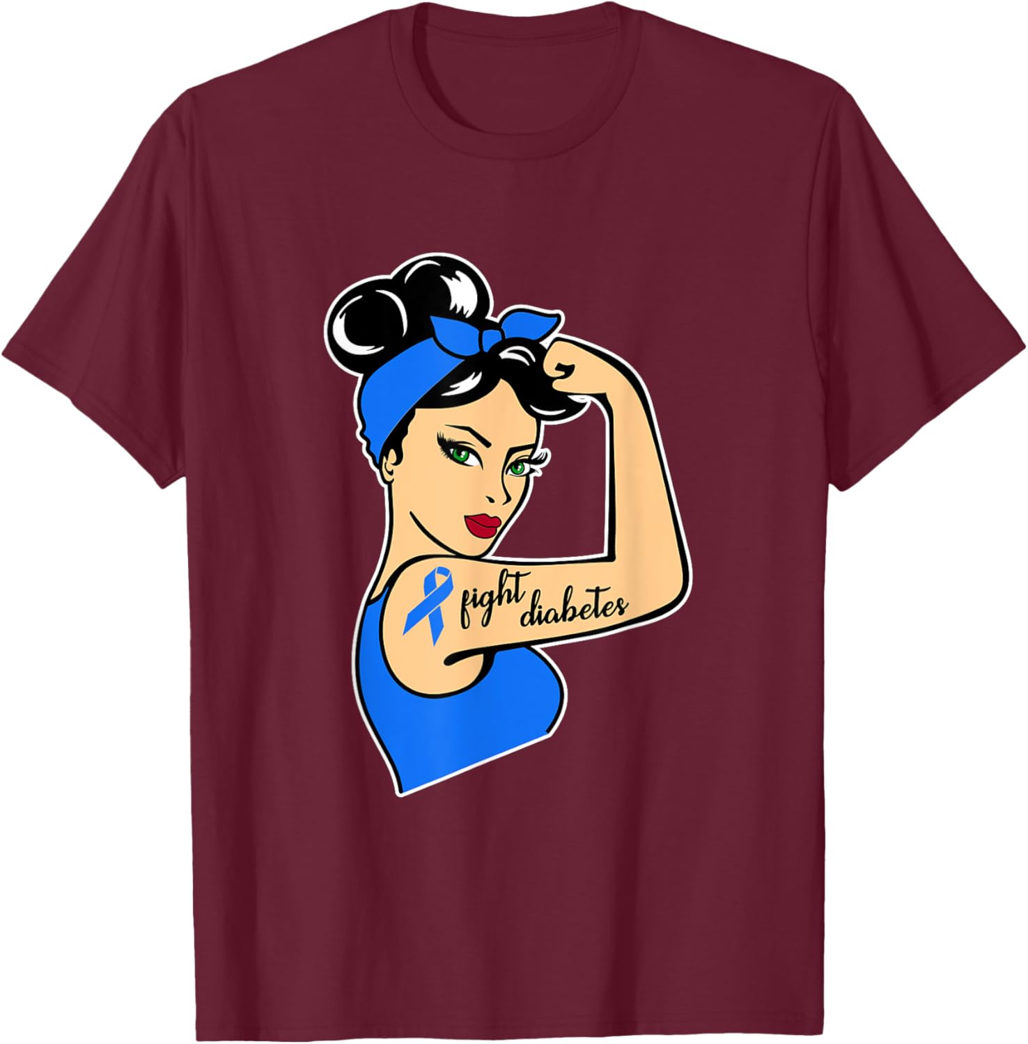 Type One Diabetes Awareness Month Rosie Riveter Blue Ribbon T-Shirt - T-Shirt | Maroon