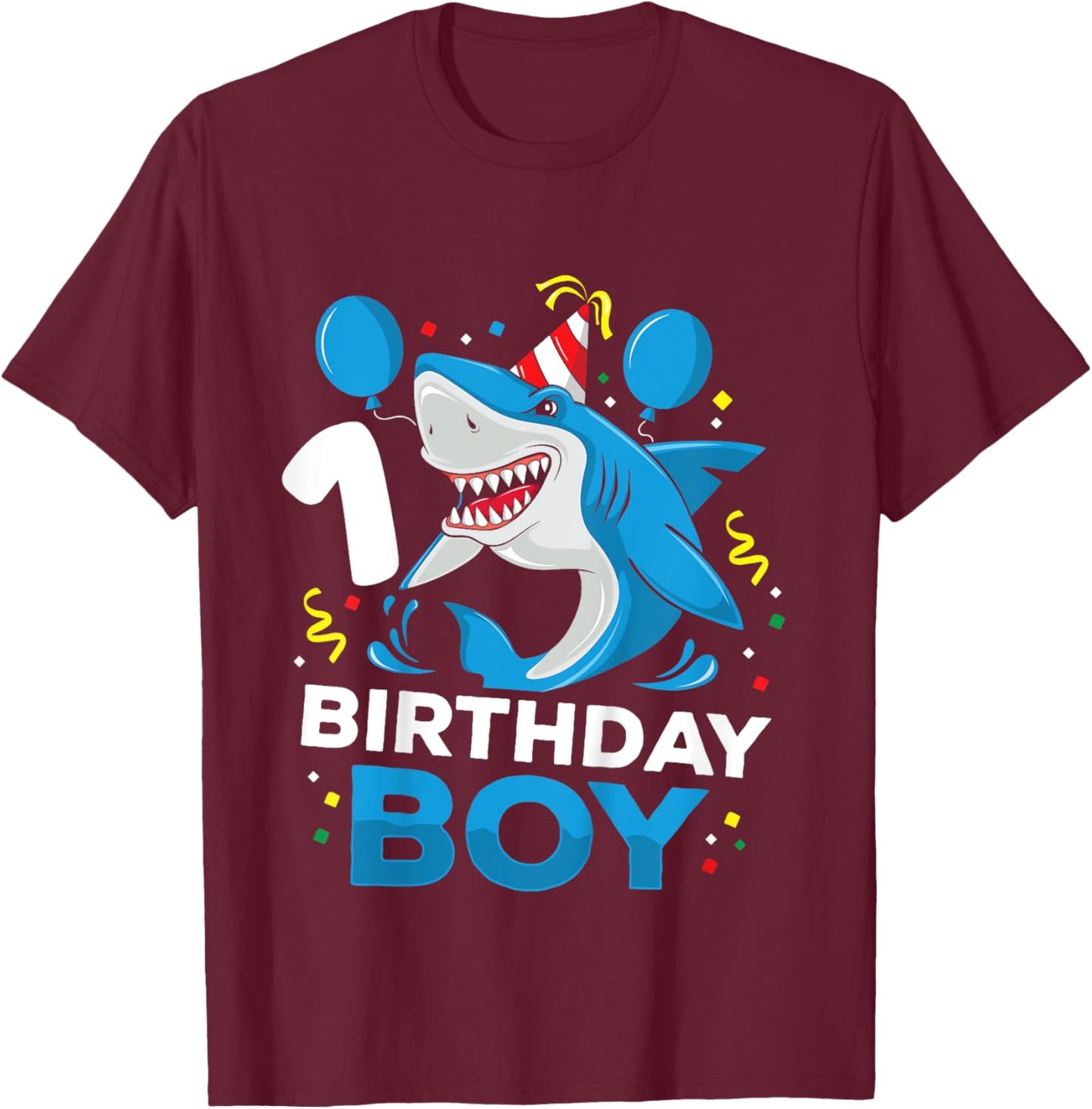 Kids 1st Birthday Boy Shark Ocean Theme Party 1 Year Old Toddler T-Shirt - T-Shirt | Maroon